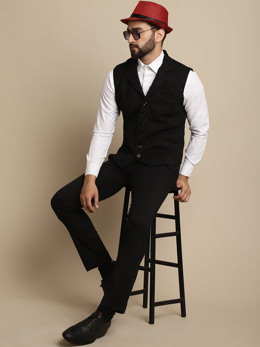 Even Apparels Men's Black Waistcoat with Notched Lapel | Swadesiicart