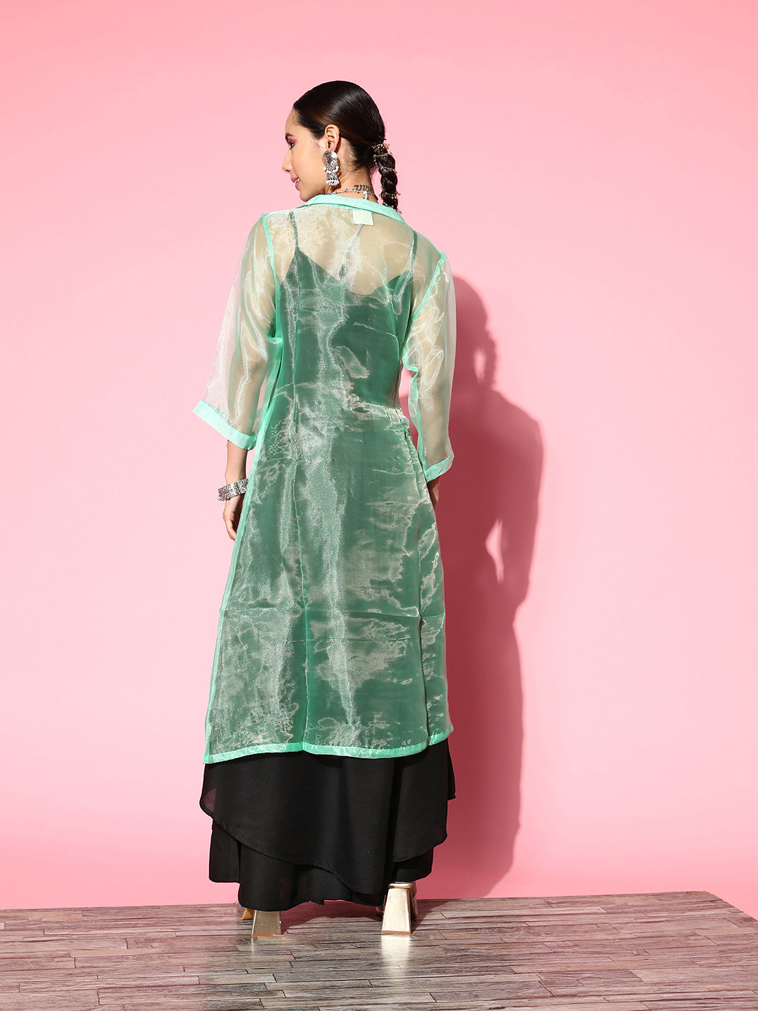 InWeave Women's Black Strappy Kurta Set With Teal Organza Cape - Swadesiicart