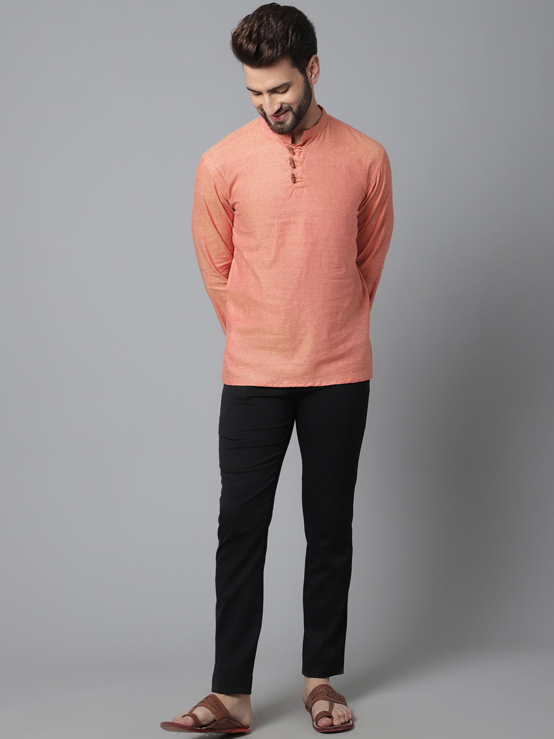 Even Apparels Orange Pure Cotton Kurta With Band Collar | Swadesiicart