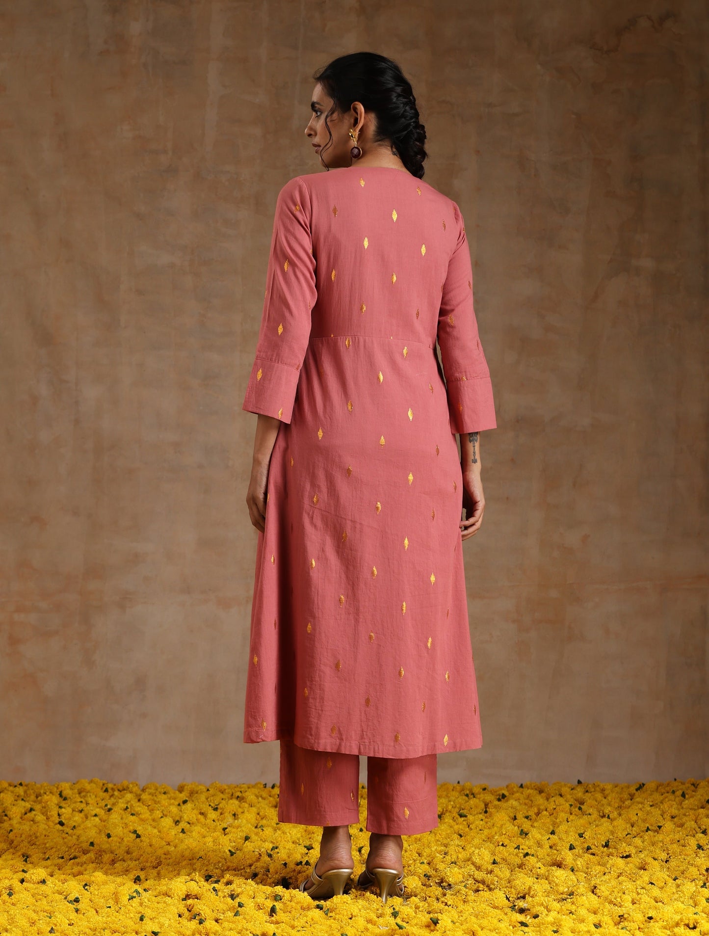 trueBrowns Blush Gold Cotton Angrakha Kurta Set | Swadesiicart