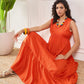 InWeave Orange V Neck Sleeveless Long Tiered Dress - Swadesiicart
