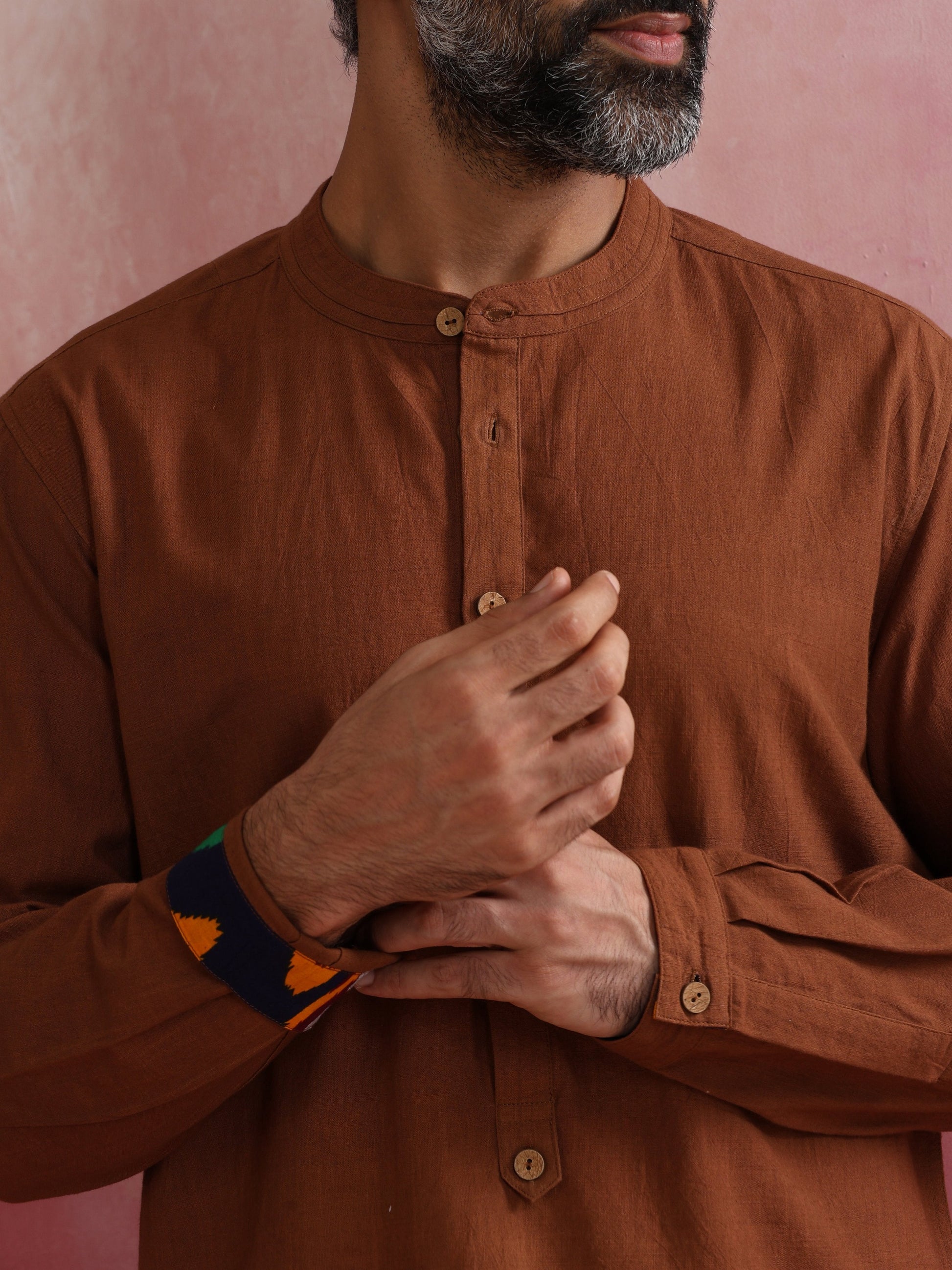 trueBrowns Men's Brown Cotton Mandarin Collar Stylized Kurta | Swadesiicart
