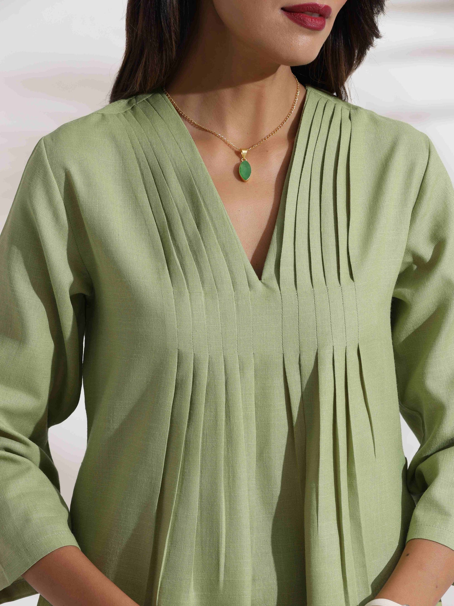 trueBrowns Green Slub Pleated Co-ord Set - Swadesiicart