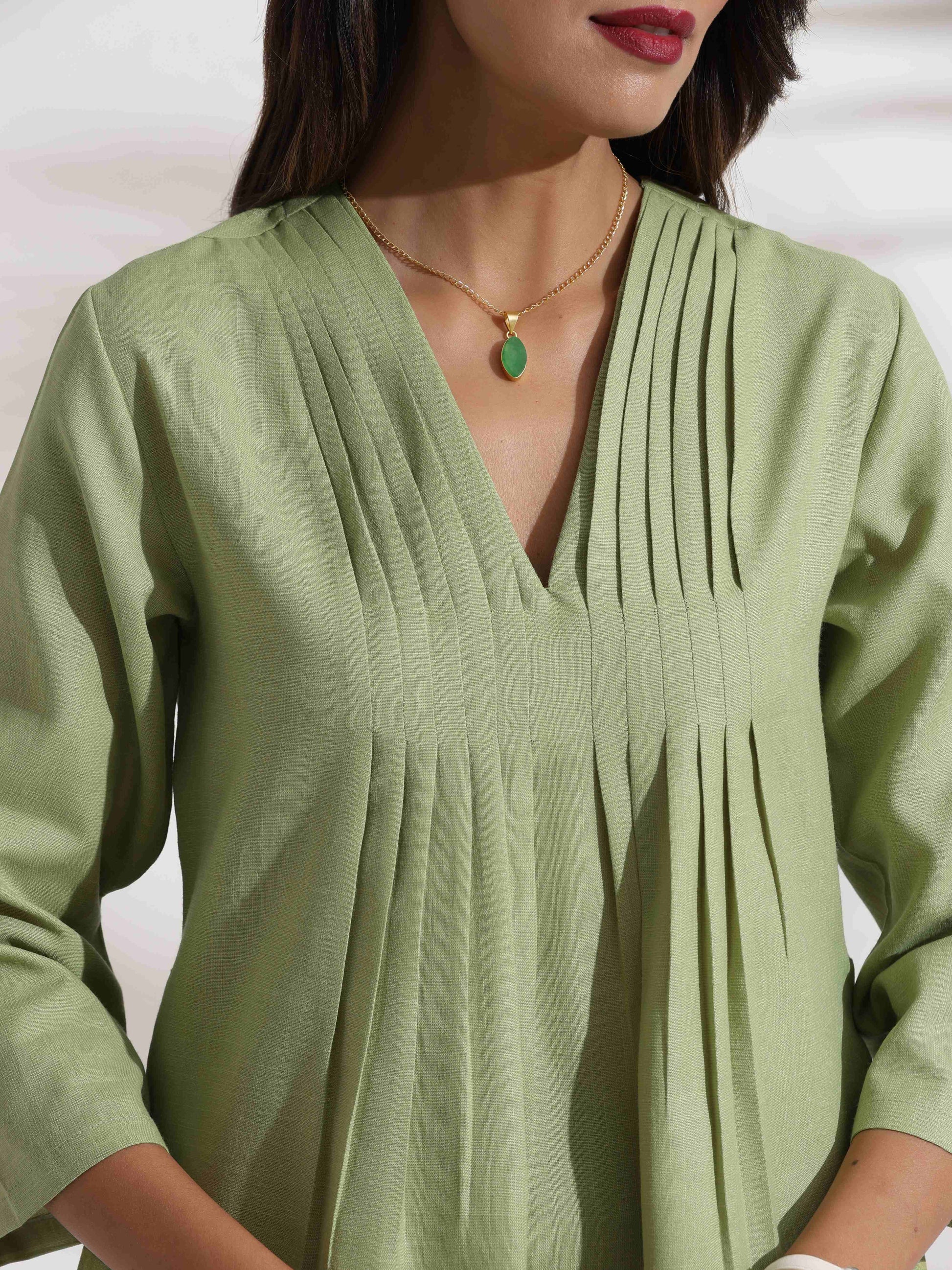 trueBrowns Green Slub Pleated Co-ord Set - Swadesiicart