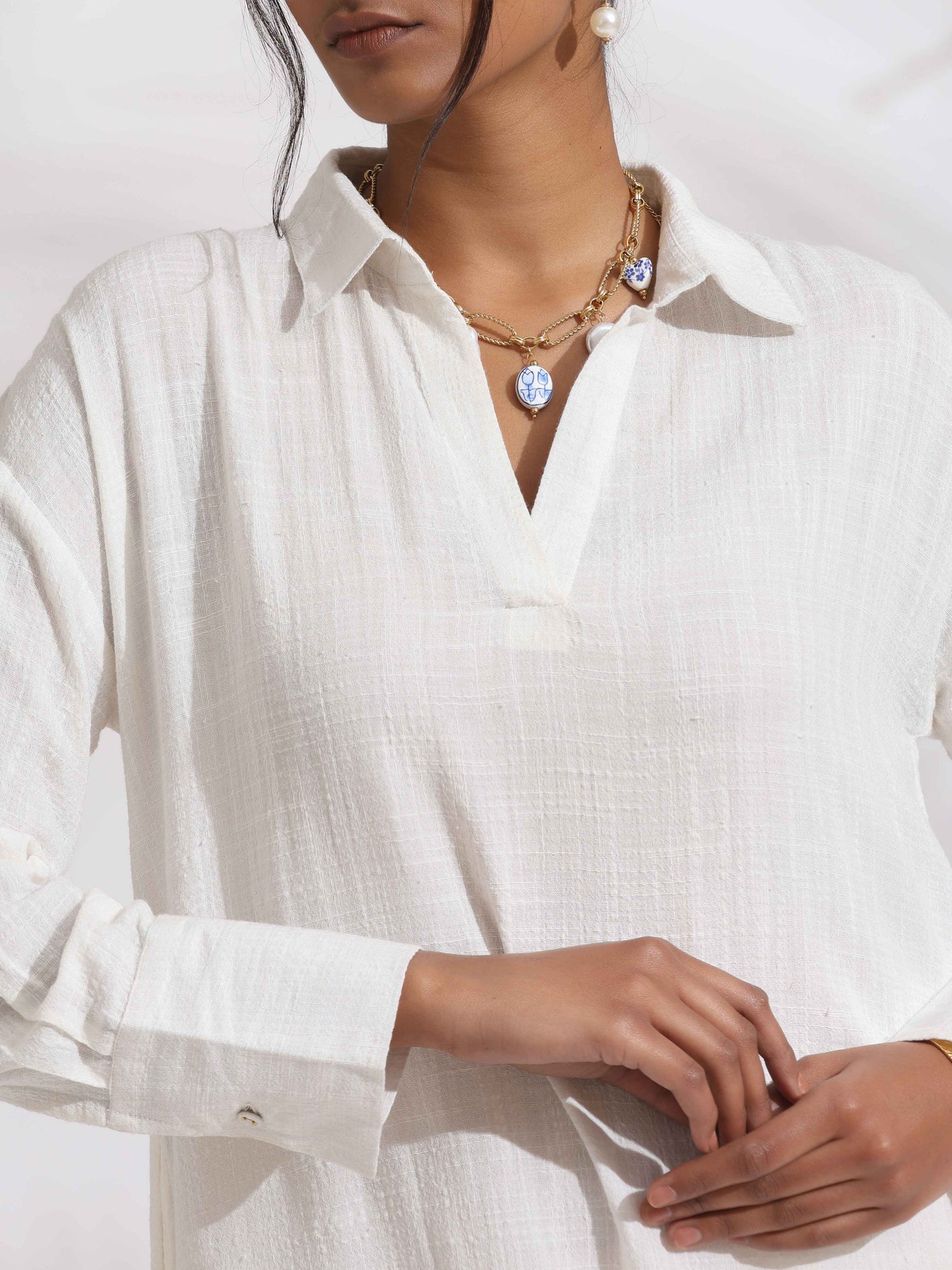 trueBrowns White Cotton A-line Kurta Set | Swadesiicart