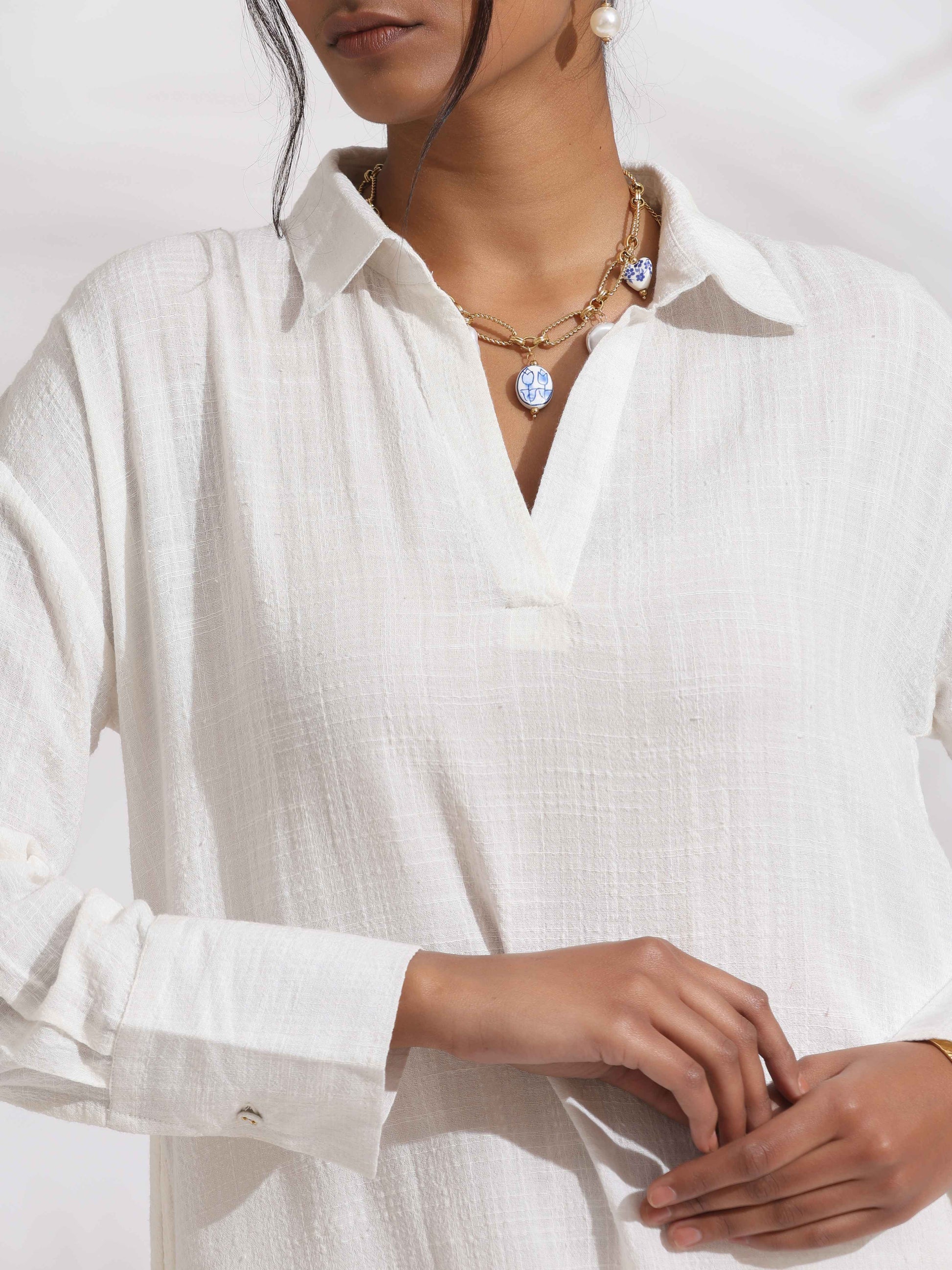 trueBrowns White Cotton A-line Kurta Set | Swadesiicart