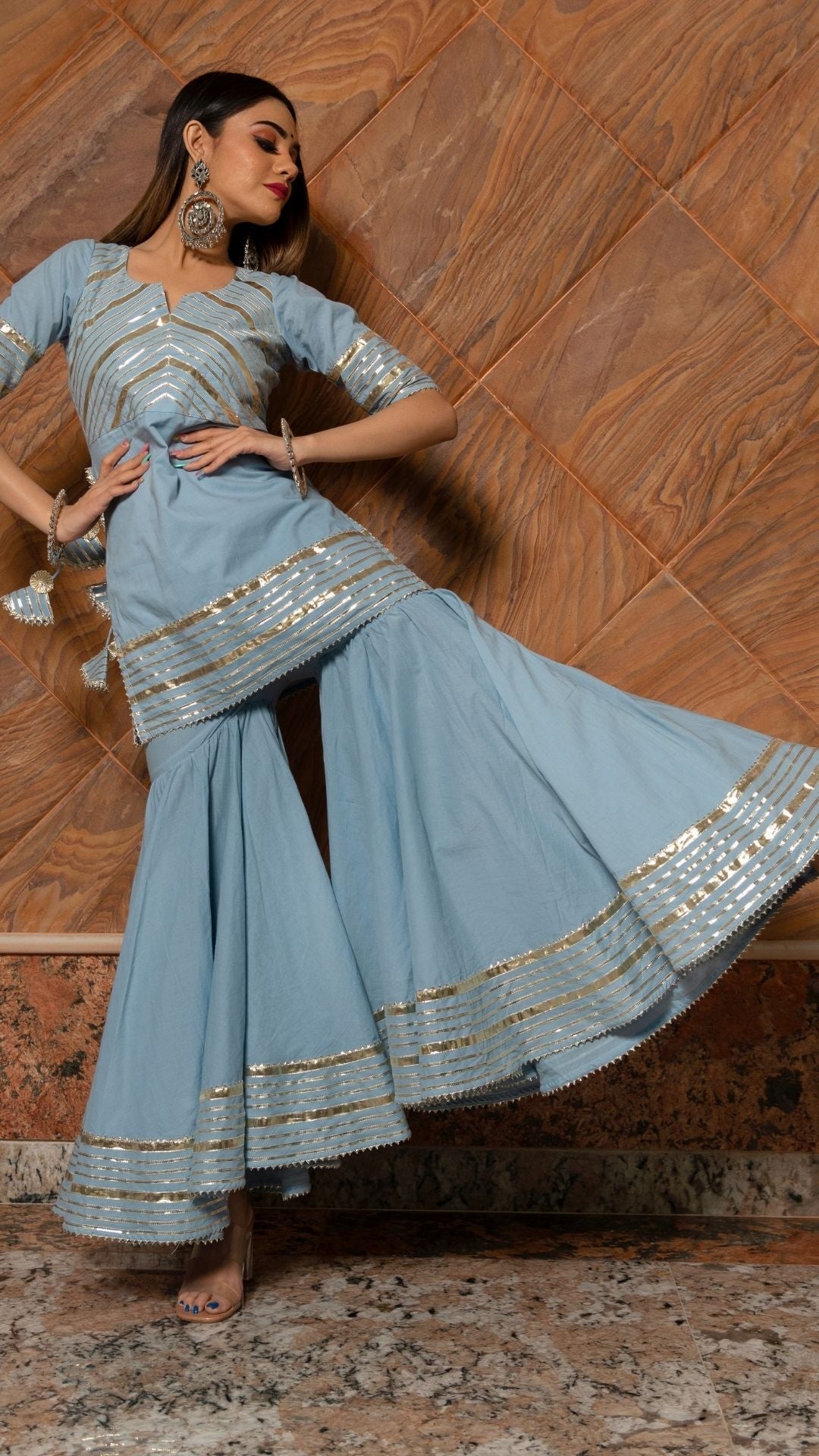 Pomcha Jaipur Powder Blue Pure Cotton Sharara Set | Swadesiicart