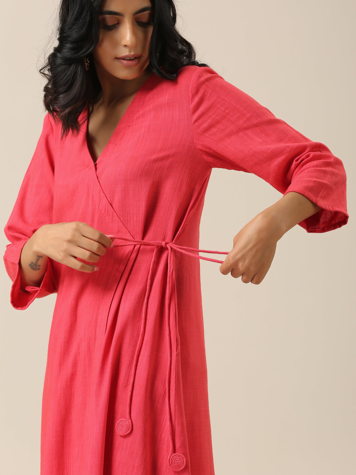 trueBrowns Bright Pink Slub Texture Angrakha Pant Set | Swadesiicart