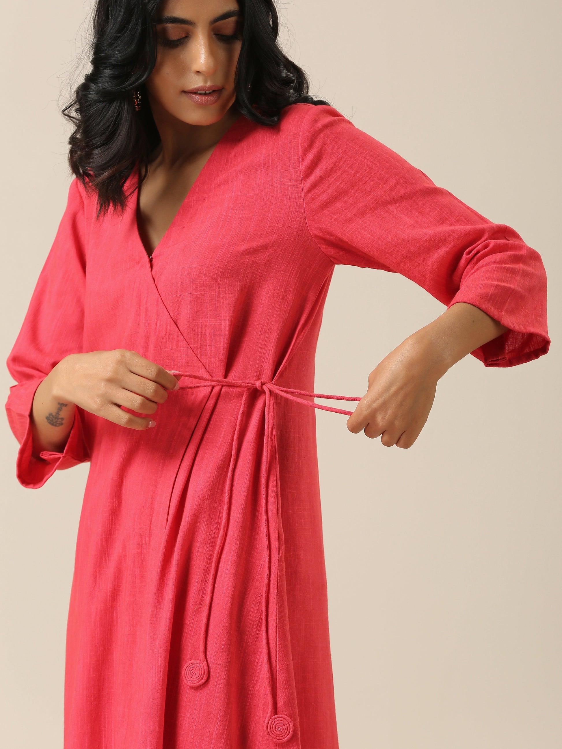 trueBrowns Bright Pink Slub Texture Angrakha Pant Set | Swadesiicart