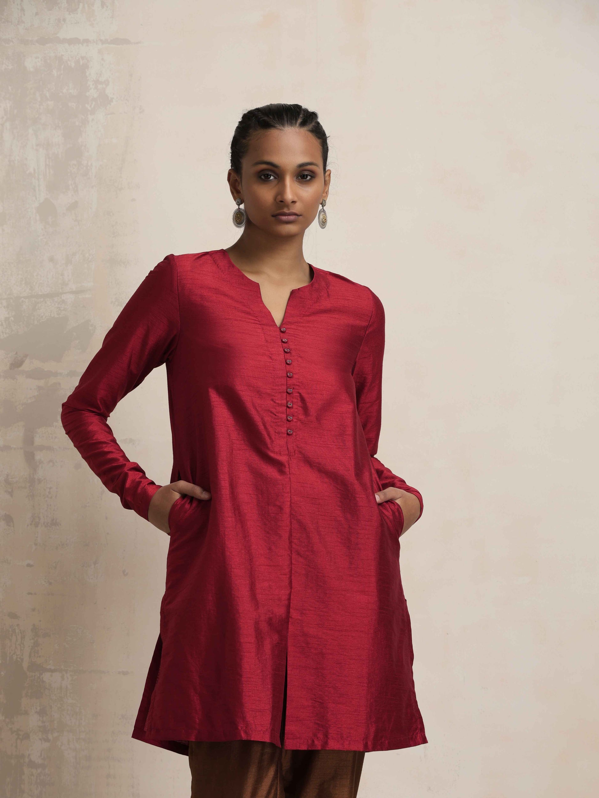 trueBrowns Red Silk Kurta Co-ord Set - Swadesiicart