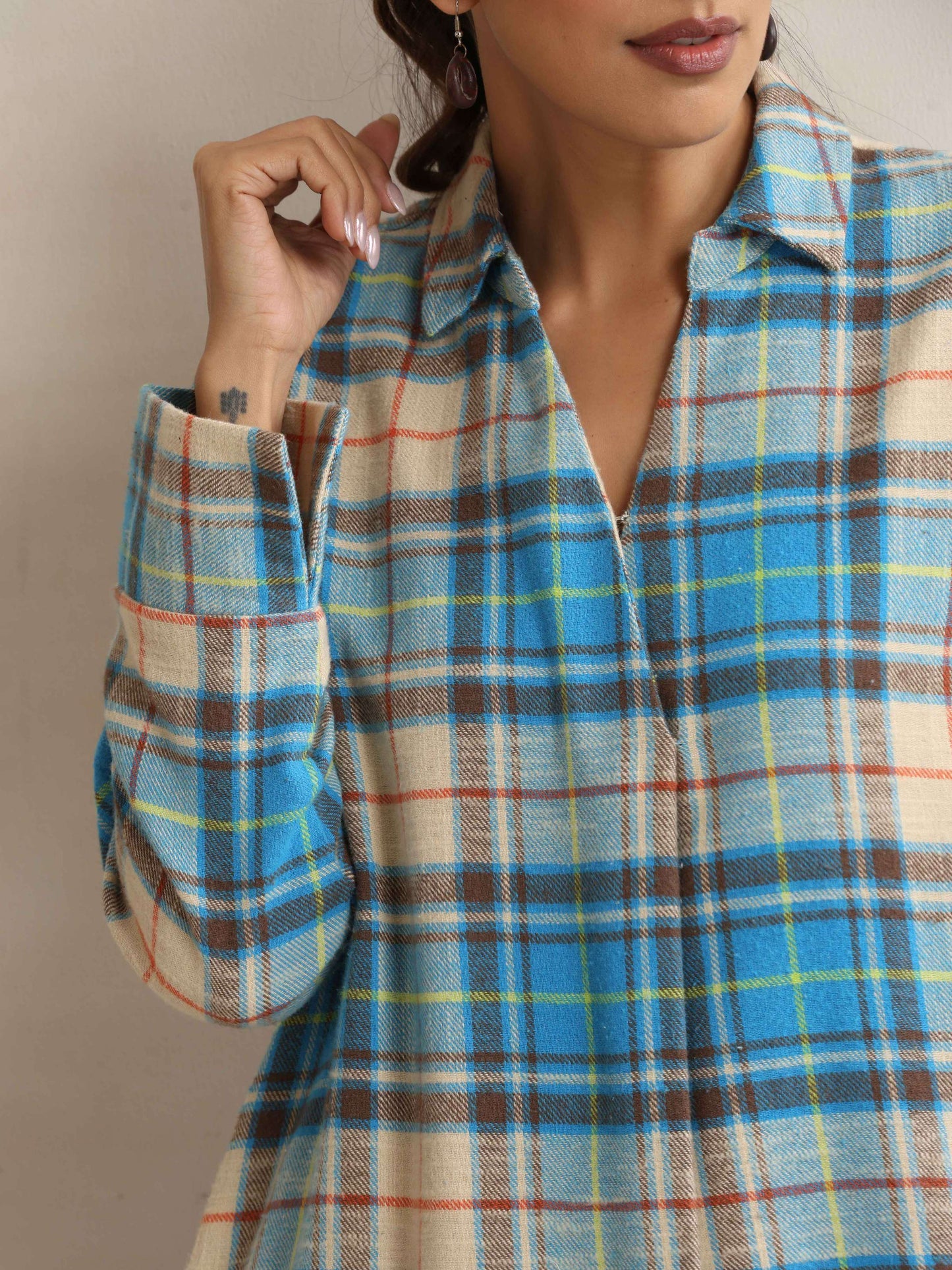 trueBrowns Beige Check Pleated Winter Dress | Swadesiicart