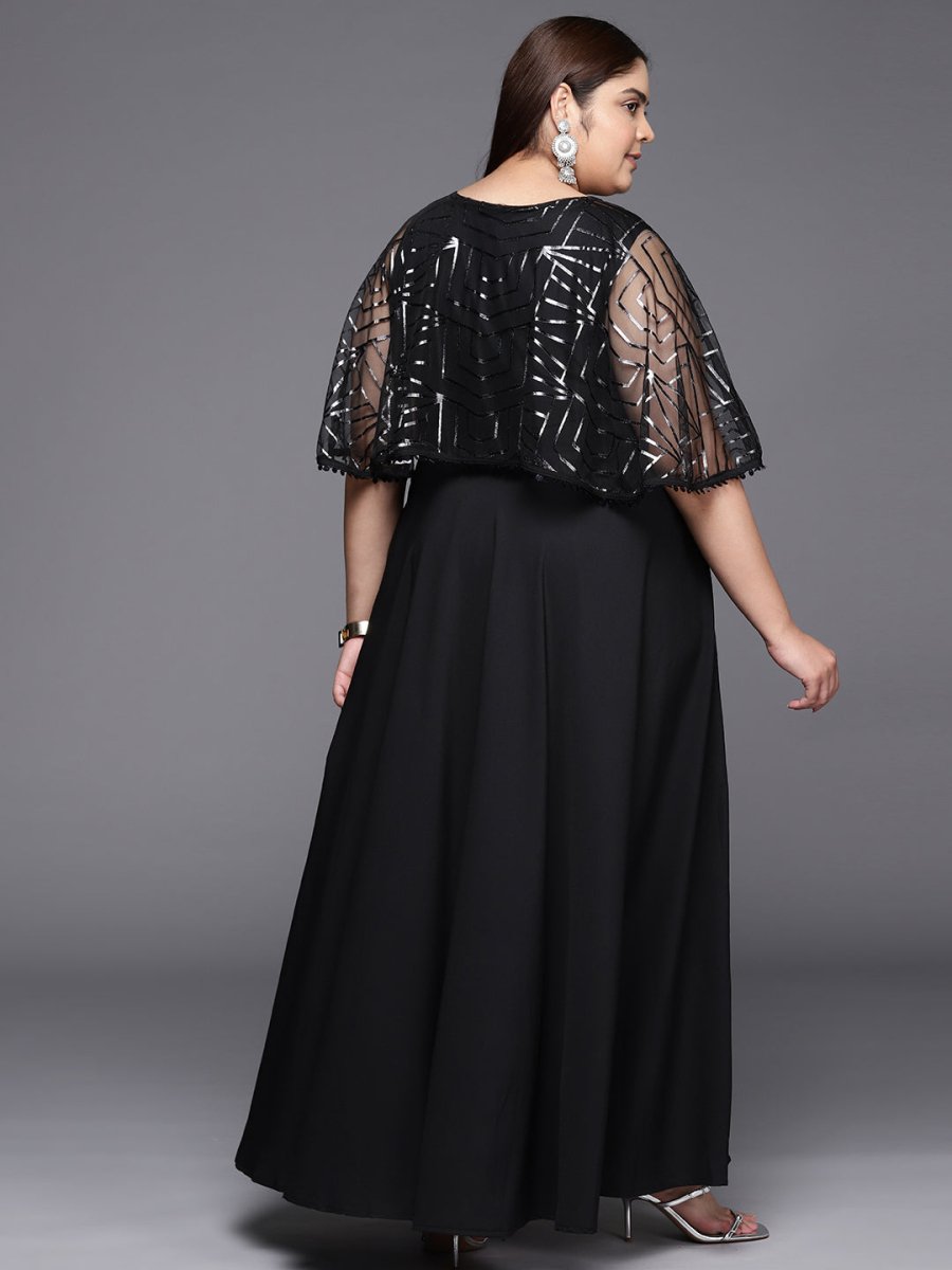 Ahalyaa Plus Size Geometric Print Crepe Layered A-line Maxi Ethnic Dress | Swadesiicart