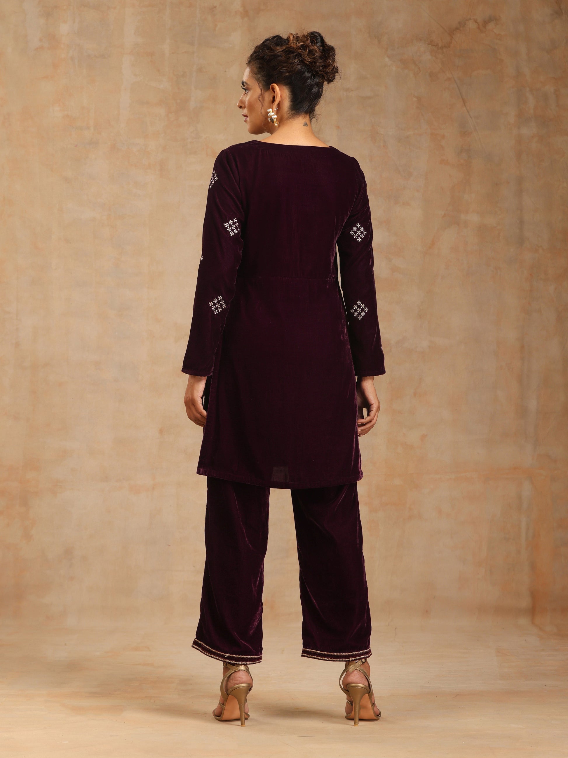 trueBrowns Wine Velvet Embroidered Co-ord Set - Swadesiicart