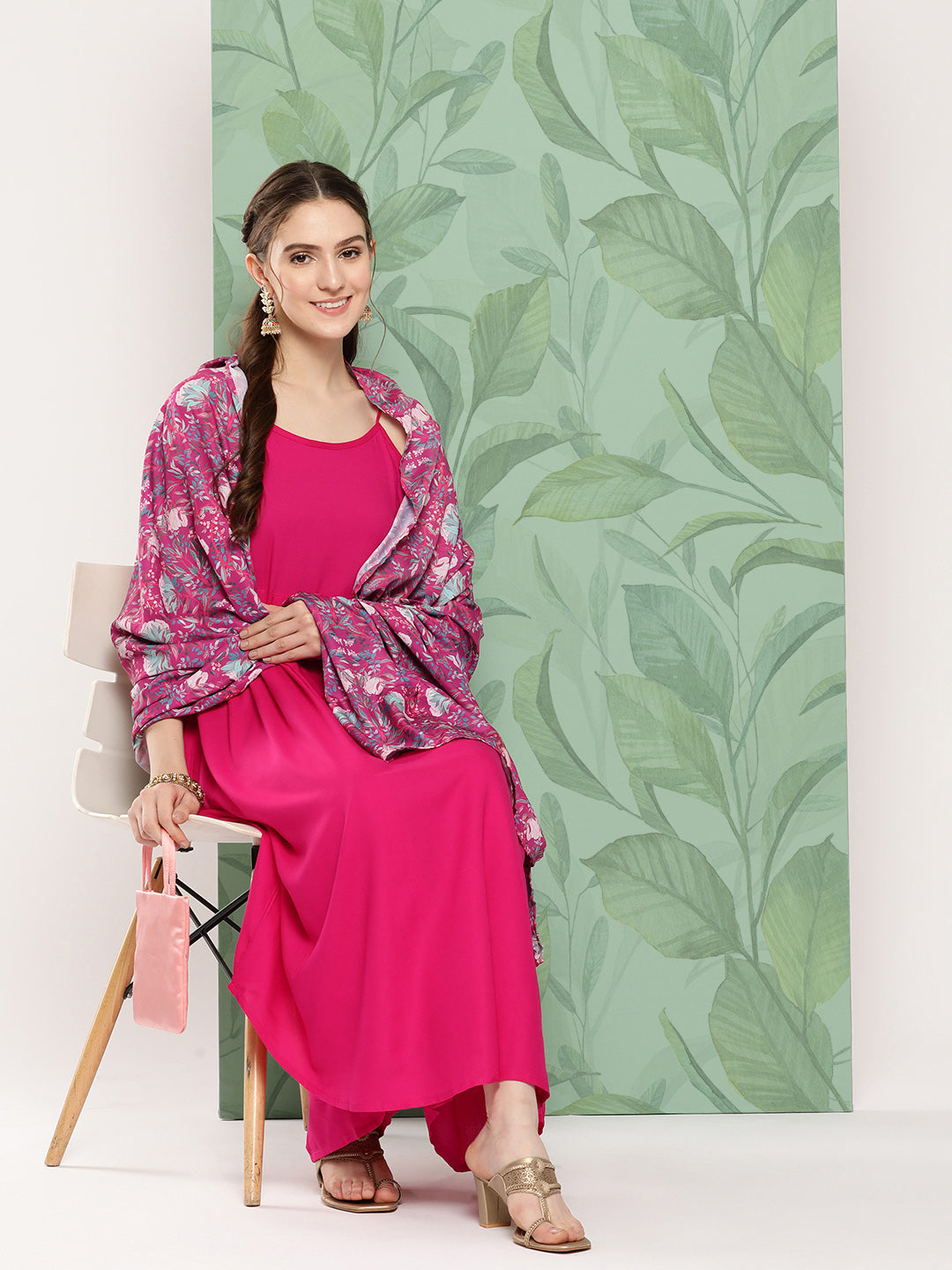 InWeave Women's Fuchsia Strappy Set W Magenta Camelia Cr Dupatta - Swadesiicart