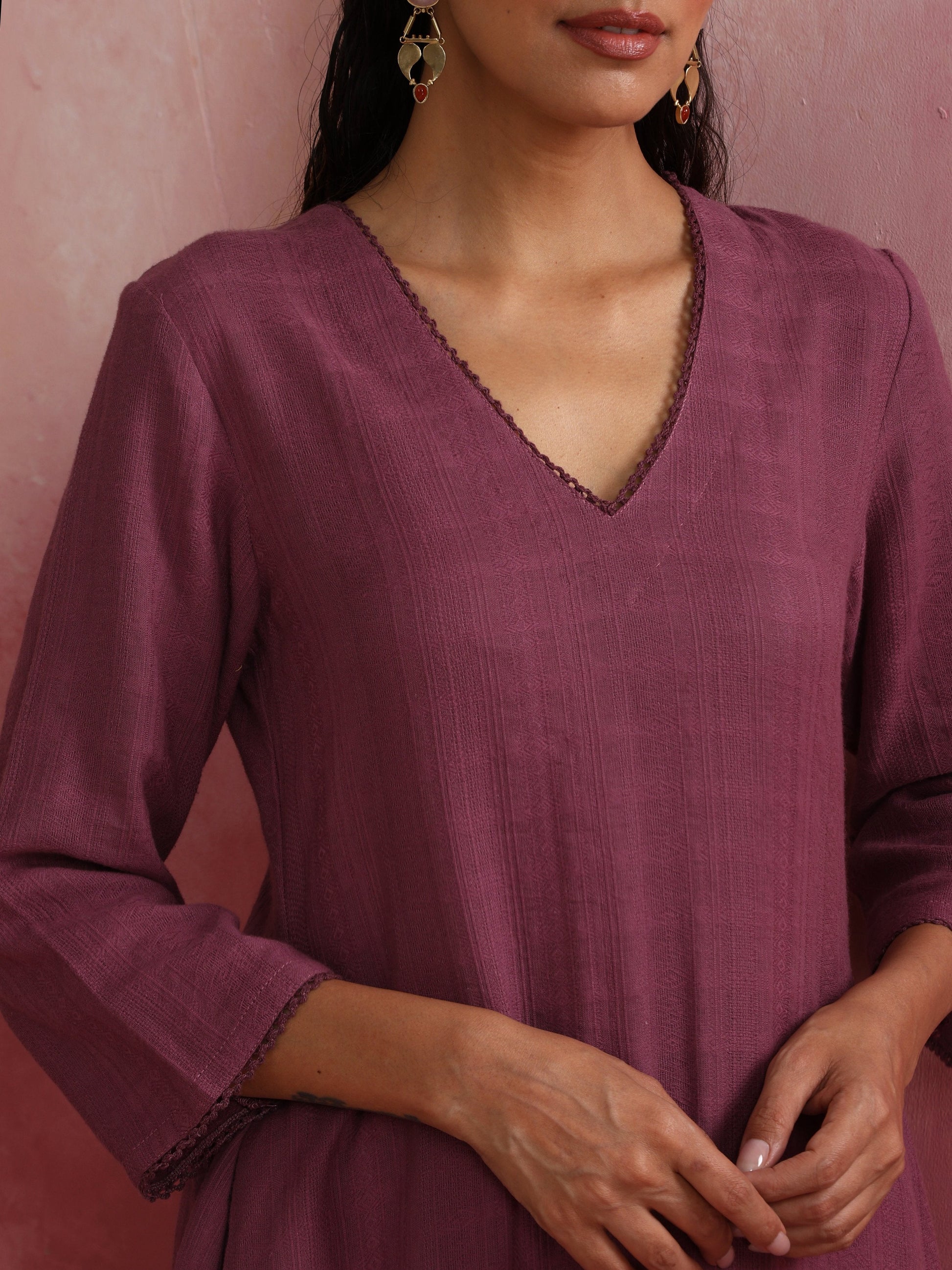 trueBrowns Light Purple Cotton Dobby Flared Kurta Set | Swadesiicart