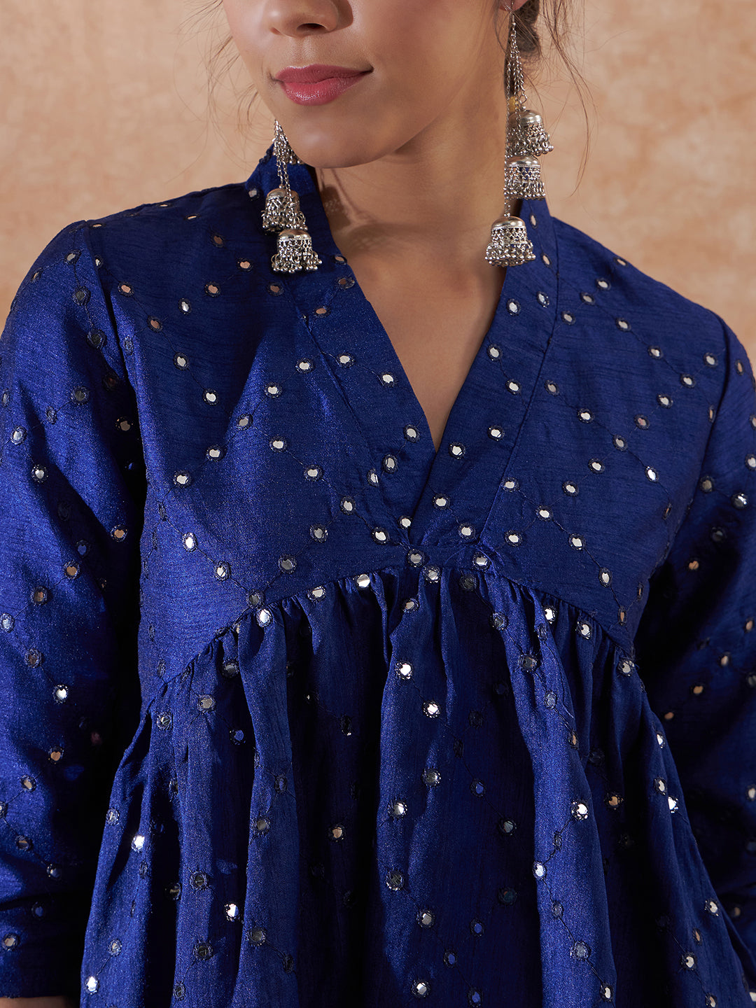 InWeave Women's Blue Mirror Work Flared Kurta - Swadesiicart