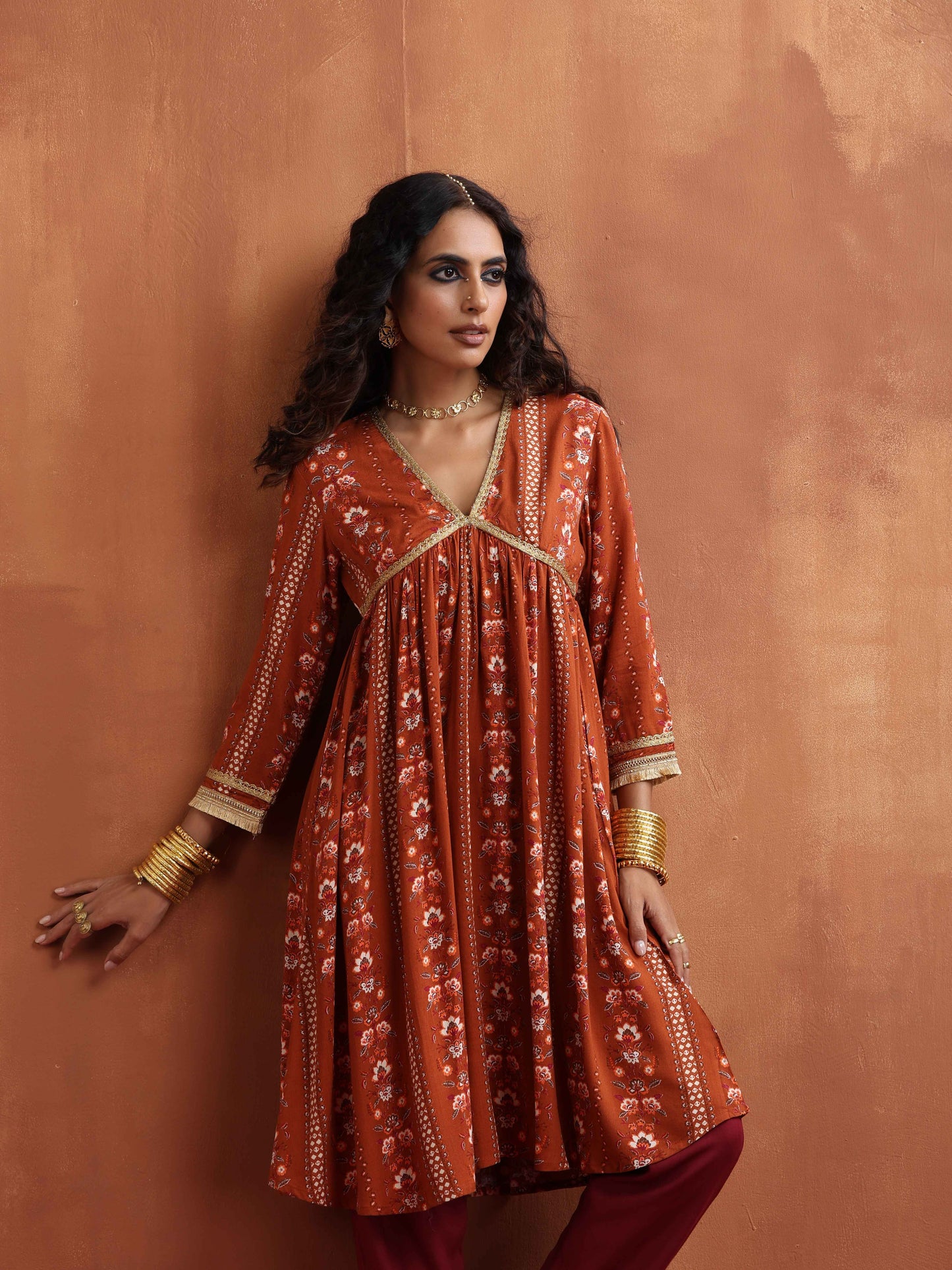 trueBrowns Orange Print Anarkali Kurta Co-ord Set - Swadesiicart