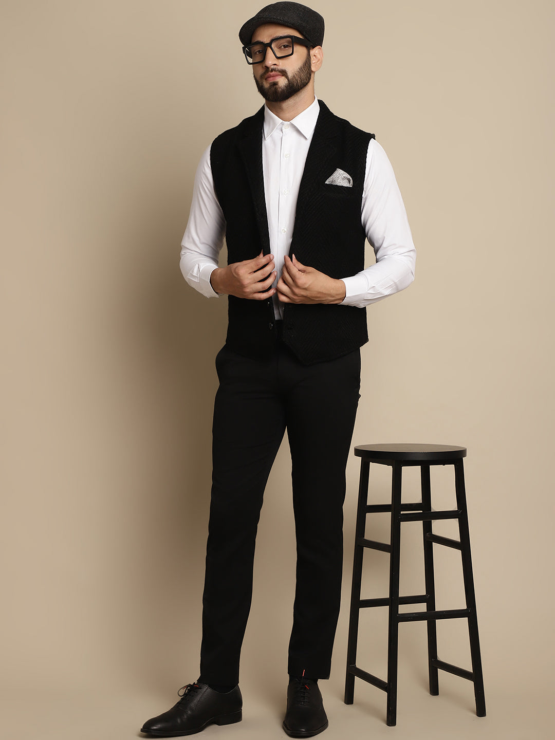 Even Apparels Men's Black Wool Waistcoat with Notched Lapel | Swadesiicart