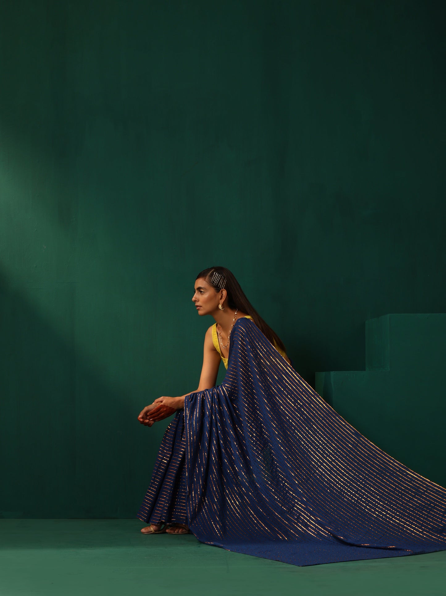 trueBrowns Royal Blue Cotton Gold Lurex Striped Ready to Wear Saree | Swadesiicart