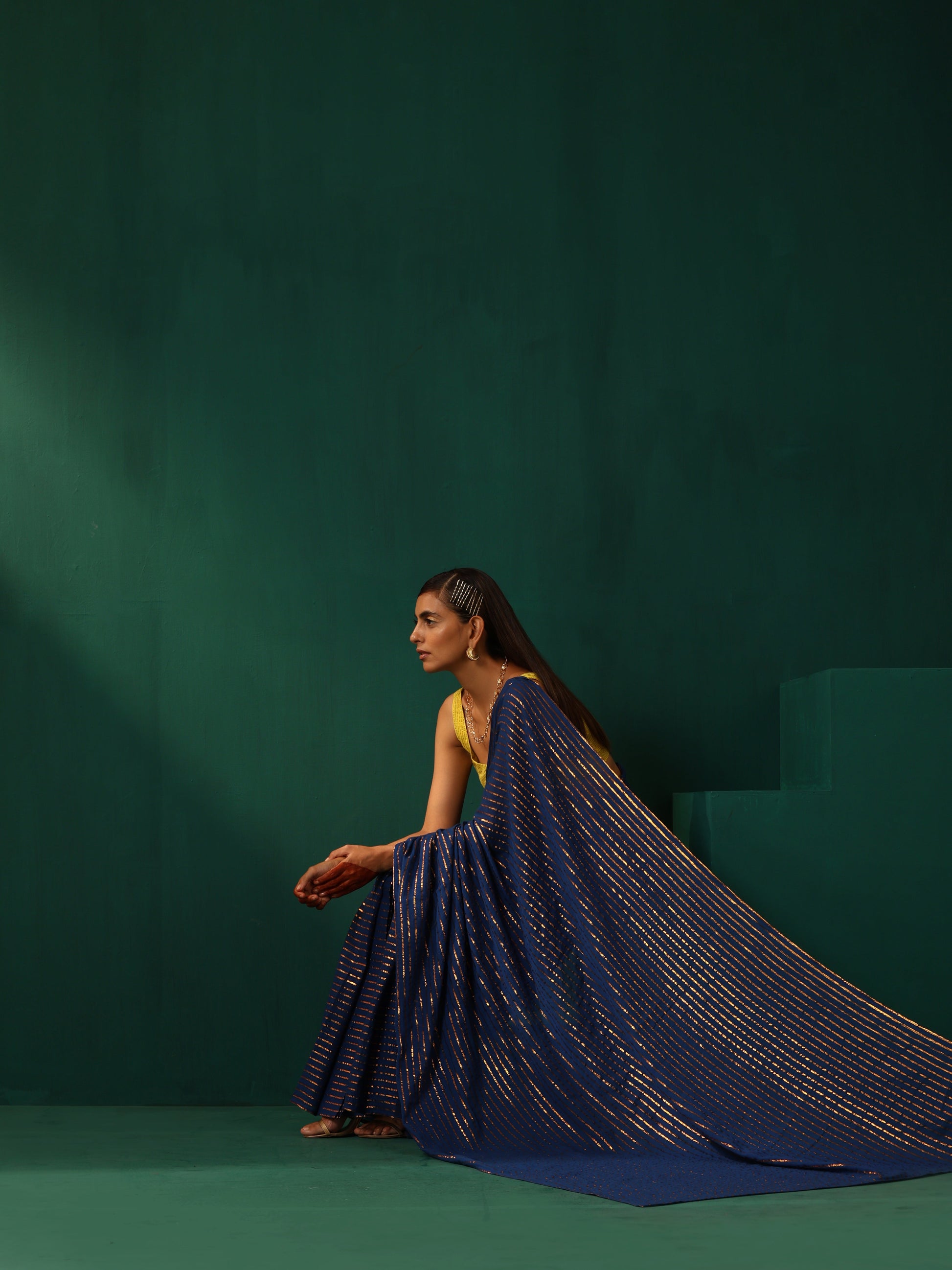 trueBrowns Royal Blue Cotton Gold Lurex Striped Ready to Wear Saree | Swadesiicart