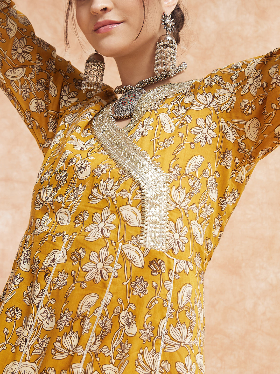 InWeave Women's Mustard Printed Gota Embroidered Anarkali Kurta - Swadesiicart