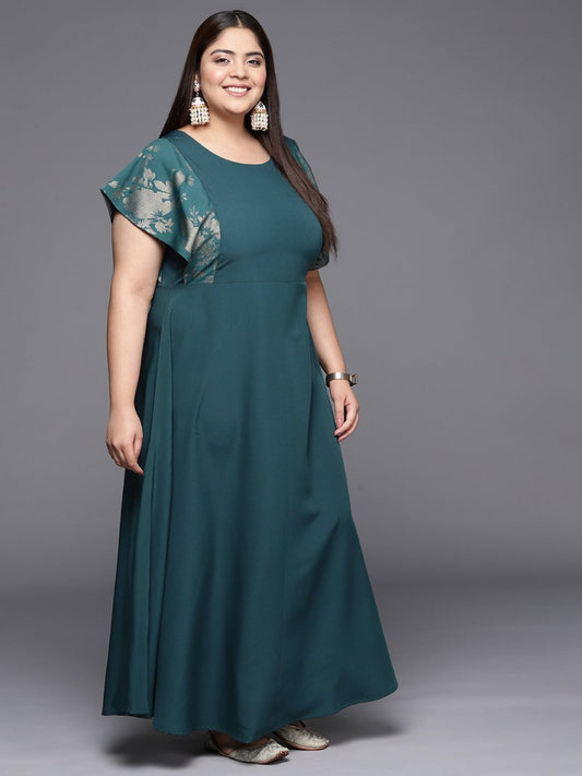 Ahalyaa Plus Size Floral Print Crepe Flared Sleeves A-line Maxi Ethnic Dress | Swadesiicart