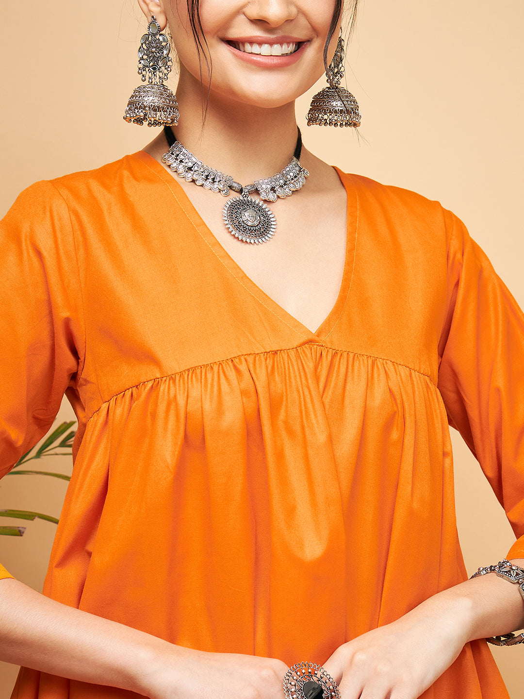 InWeave Women's Orange Flared Kurta Palazzo Set - Swadesiicart