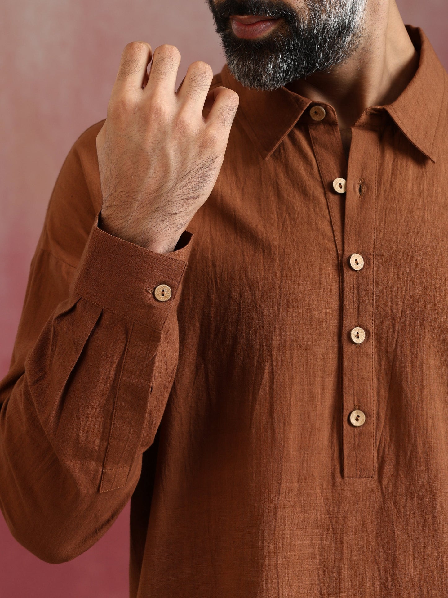 trueBrowns Men's Brown Cotton Shirt Collar Stylized Kurta Co-ord set - Swadesiicart