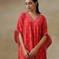trueBrowns Red Bandhani Printed Silk Panel Kaftan Kurta Pant Set | Swadesiicart