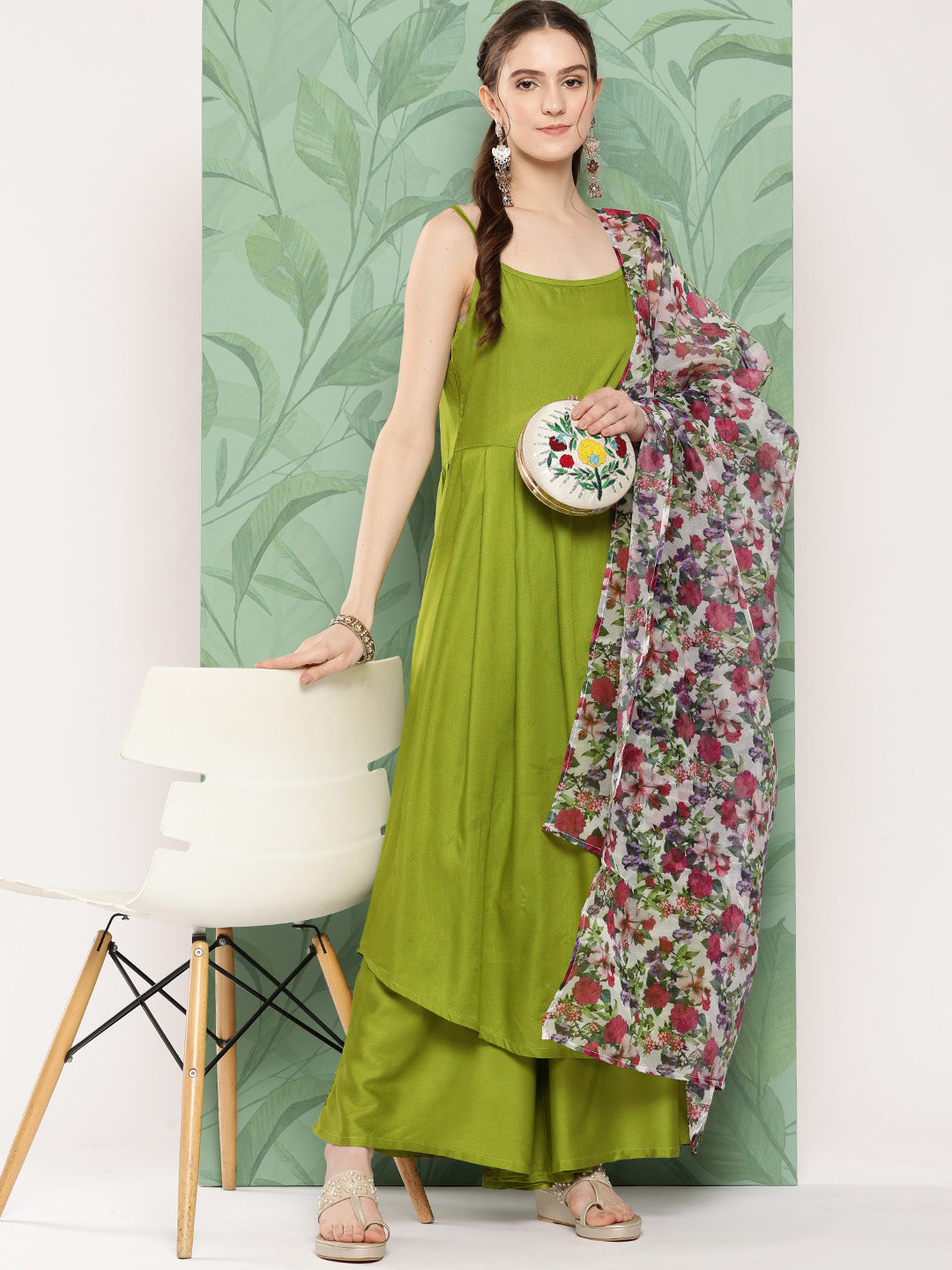 InWeave Women's Olive Strappy Set W White Pink Or Duptta - Swadesiicart