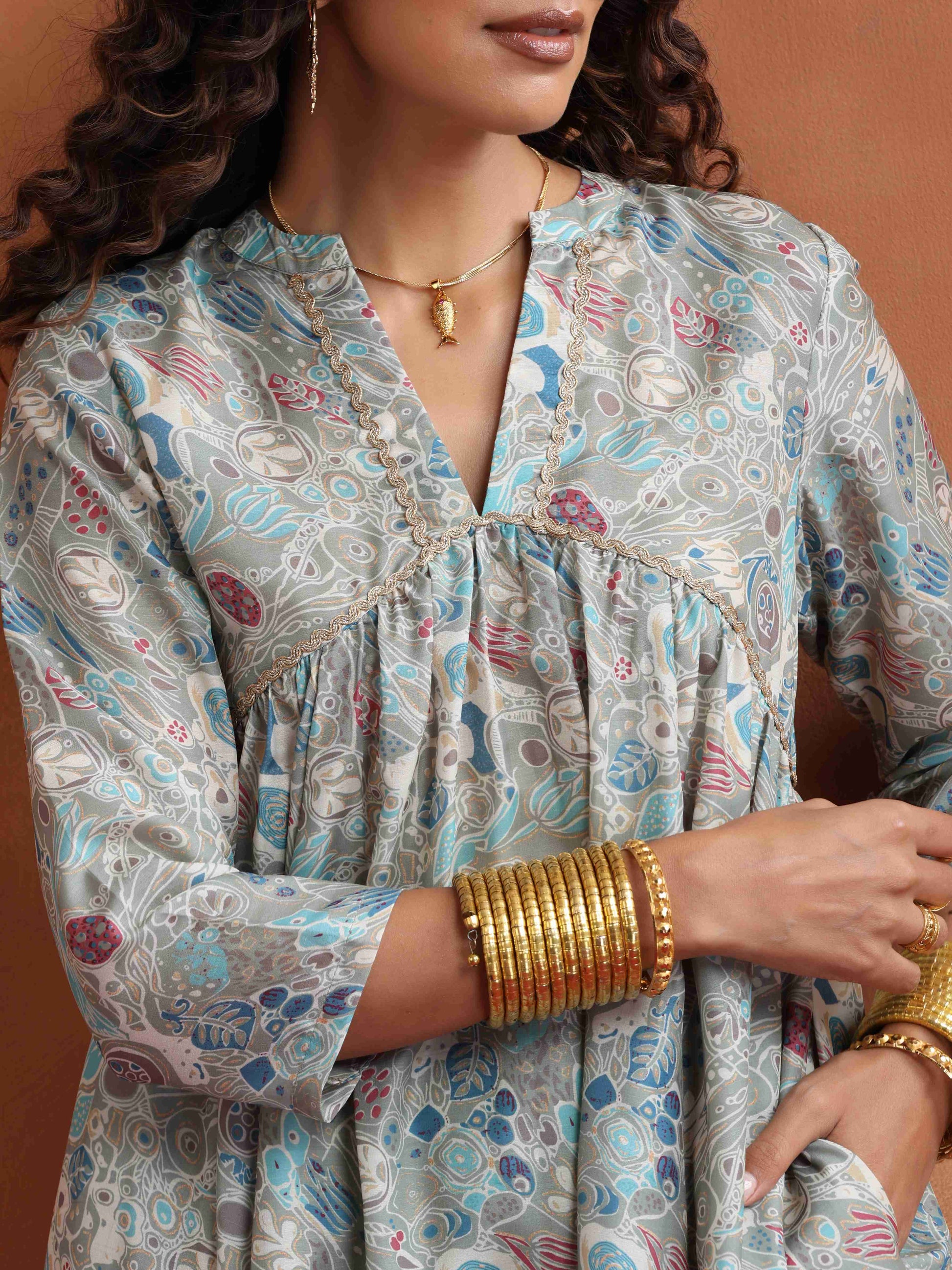 trueBrowns Green Print Flared Kurta Co-ord Set - Swadesiicart