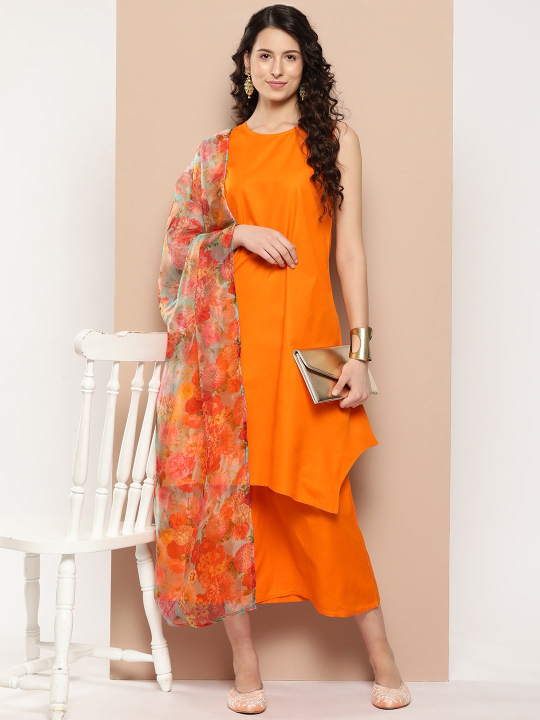 InWeave Women's Tangy Orange Short Pallazo Set W Green Or Dupatta - Swadesiicart