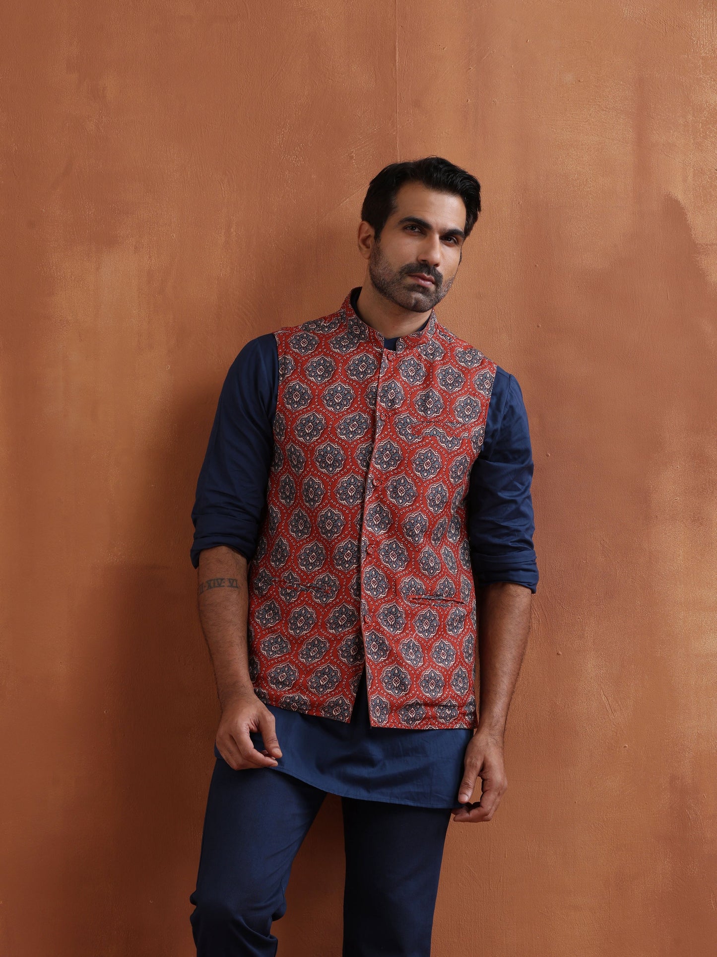 trueBrowns Men's Rust Printed Reversible Nehru Jacket | Swadesiicart