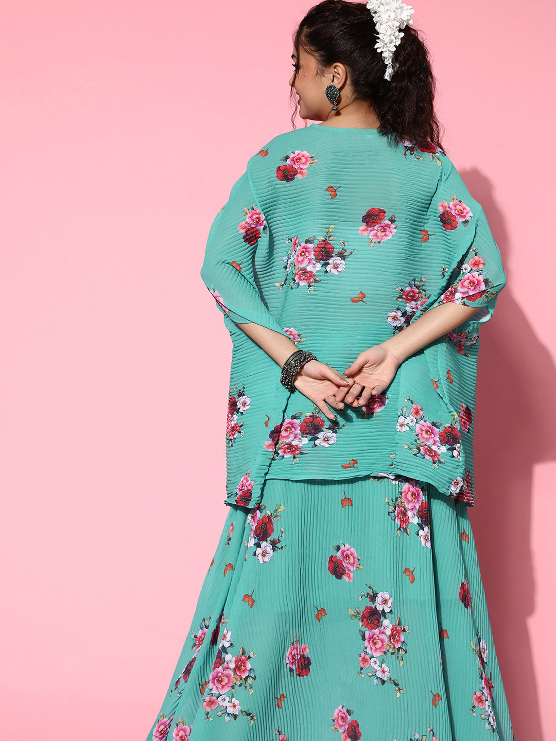 InWeave Women's Blue Floral Print Pleated Kaftan Top - Swadesiicart