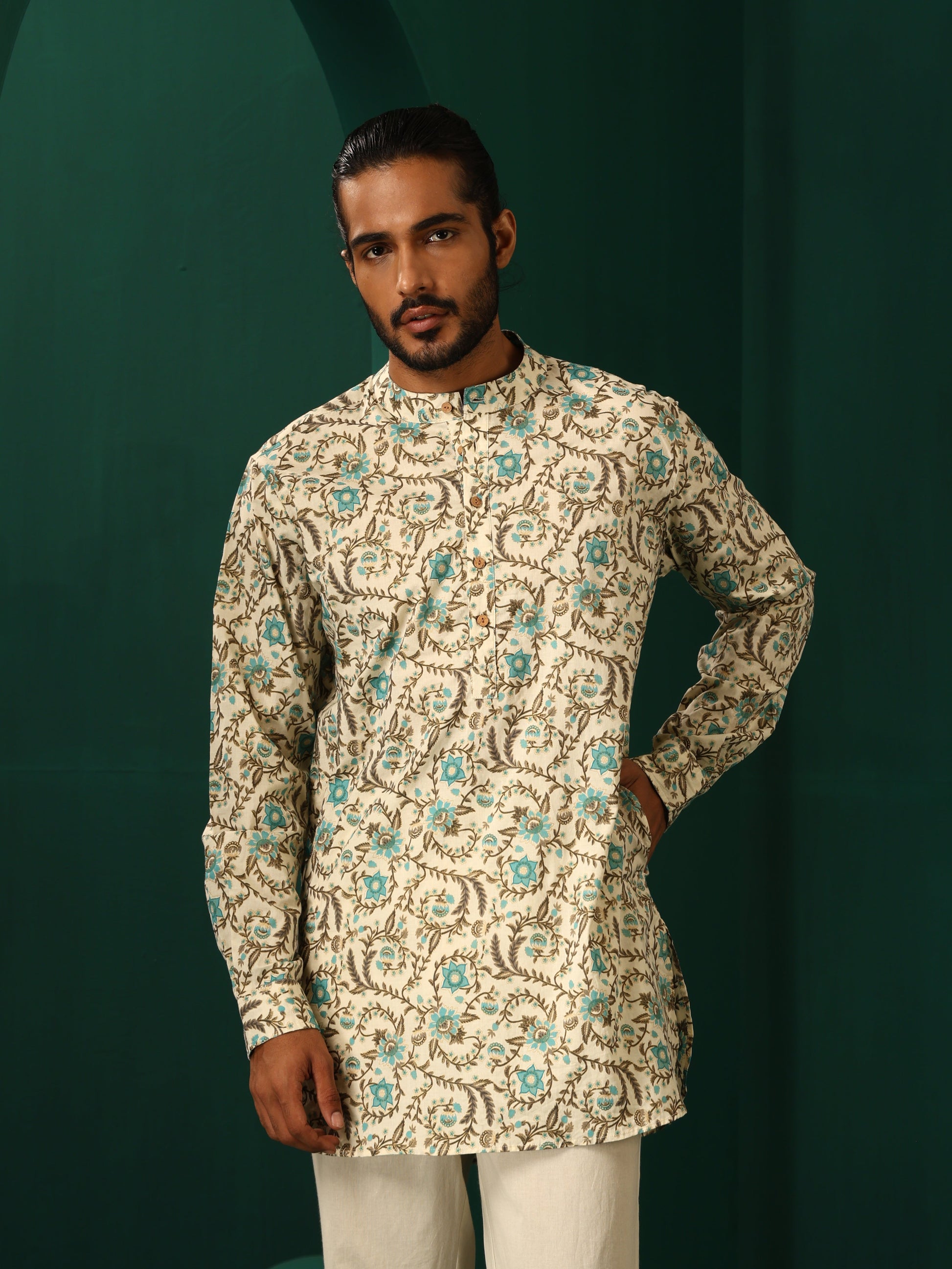 trueBrowns Men's Teal Floral Cotton Printed Co-ord Set - Swadesiicart