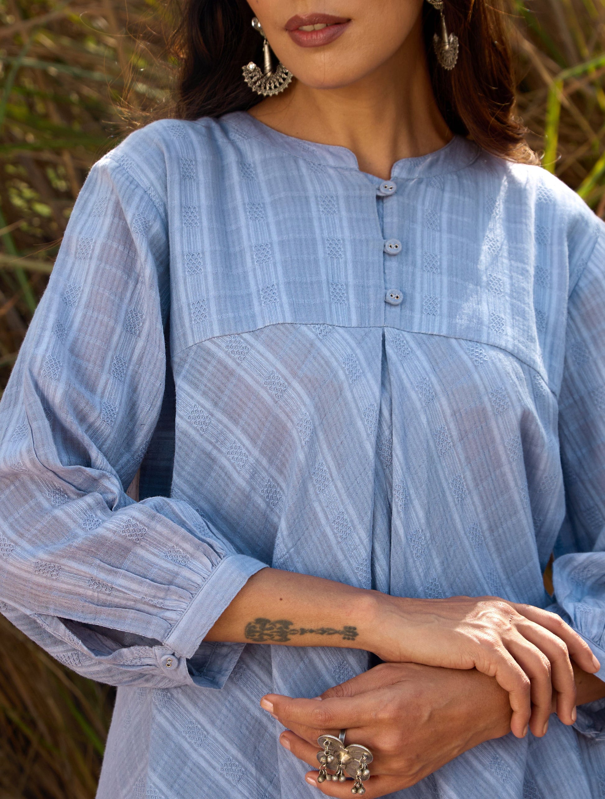 trueBrowns Light Blue Cotton Dobby Flared Co-ord Set - Swadesiicart