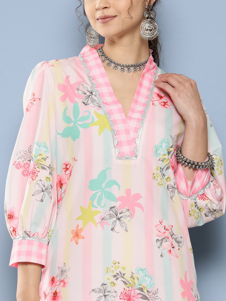 Ahalyaa Women Pink Floral Printed Gotta Patti Kurta with Palazzos | Swadesiicart