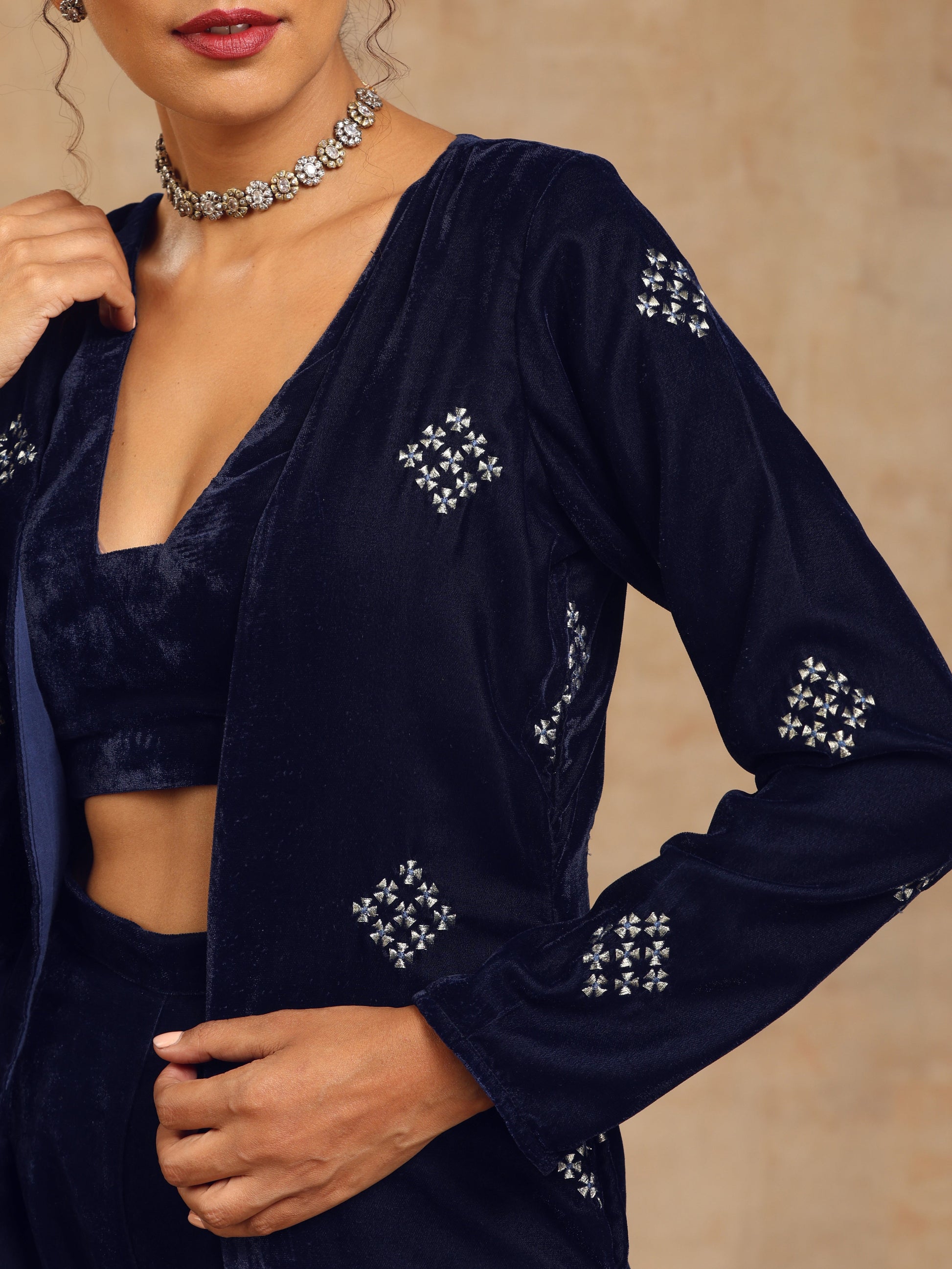 trueBrowns Midnight Blue Velvet Embroidered Jacket Set | Swadesiicart