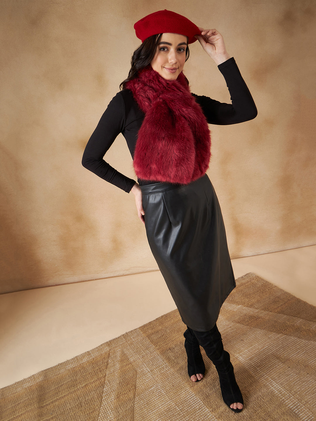 InWeave Women's Bright Rust Faux Fur Neck Warmer - Swadesiicart