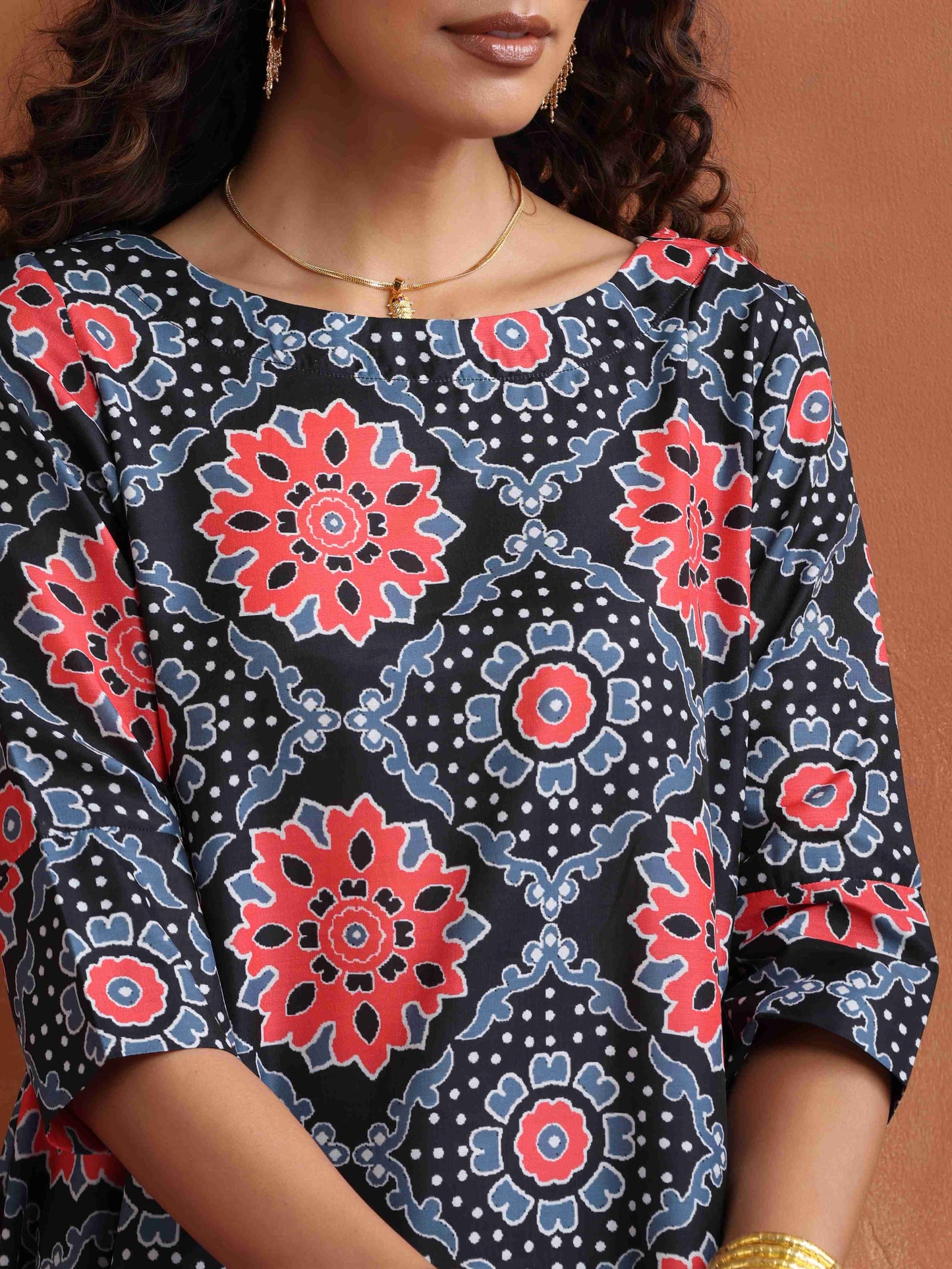 trueBrowns Black Ajrak Print A-line Kurta Set | Swadesiicart