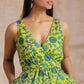 trueBrowns Lime Green Overall Teal Floral Block Print Cotton Sleeveless Wrap Dress | Swadesiicart