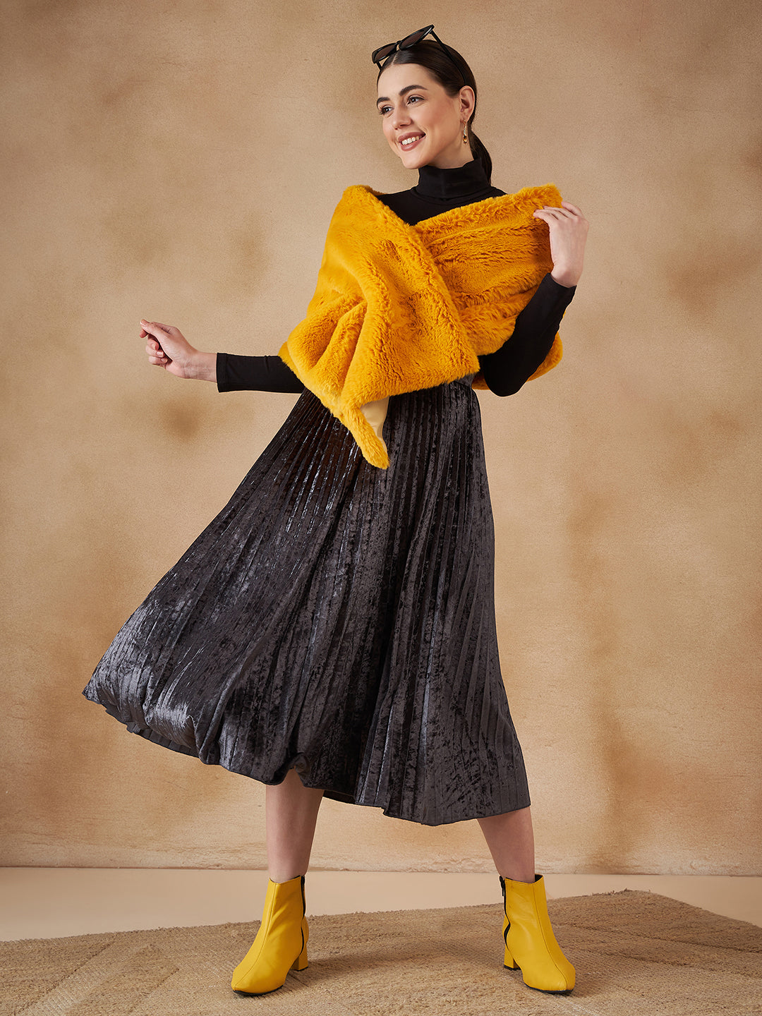InWeave Women's Yellow Long Faux Fur Cape - Swadesiicart