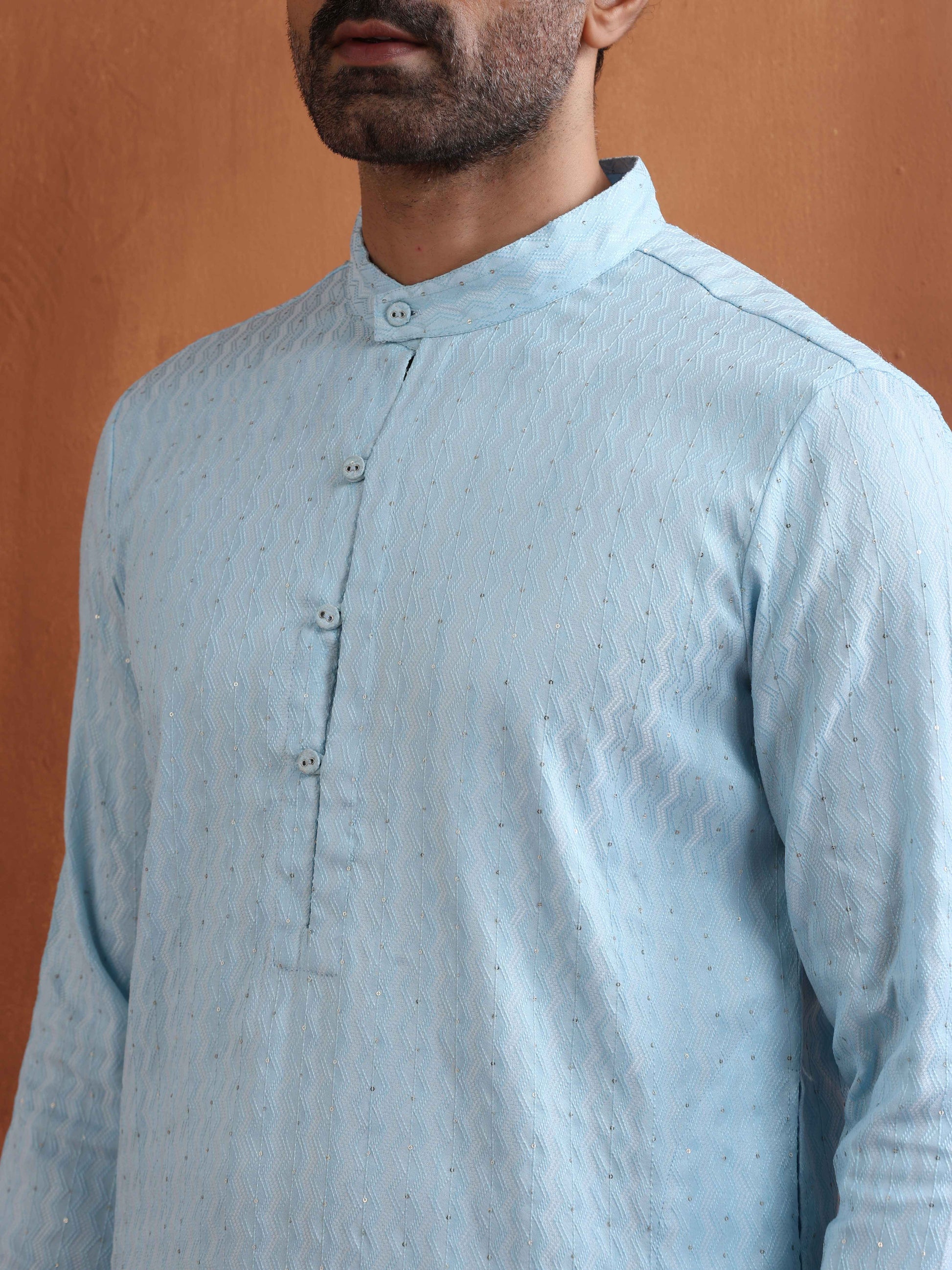 trueBrowns Men's Blue Sequin Chanderi Kurta | Swadesiicart