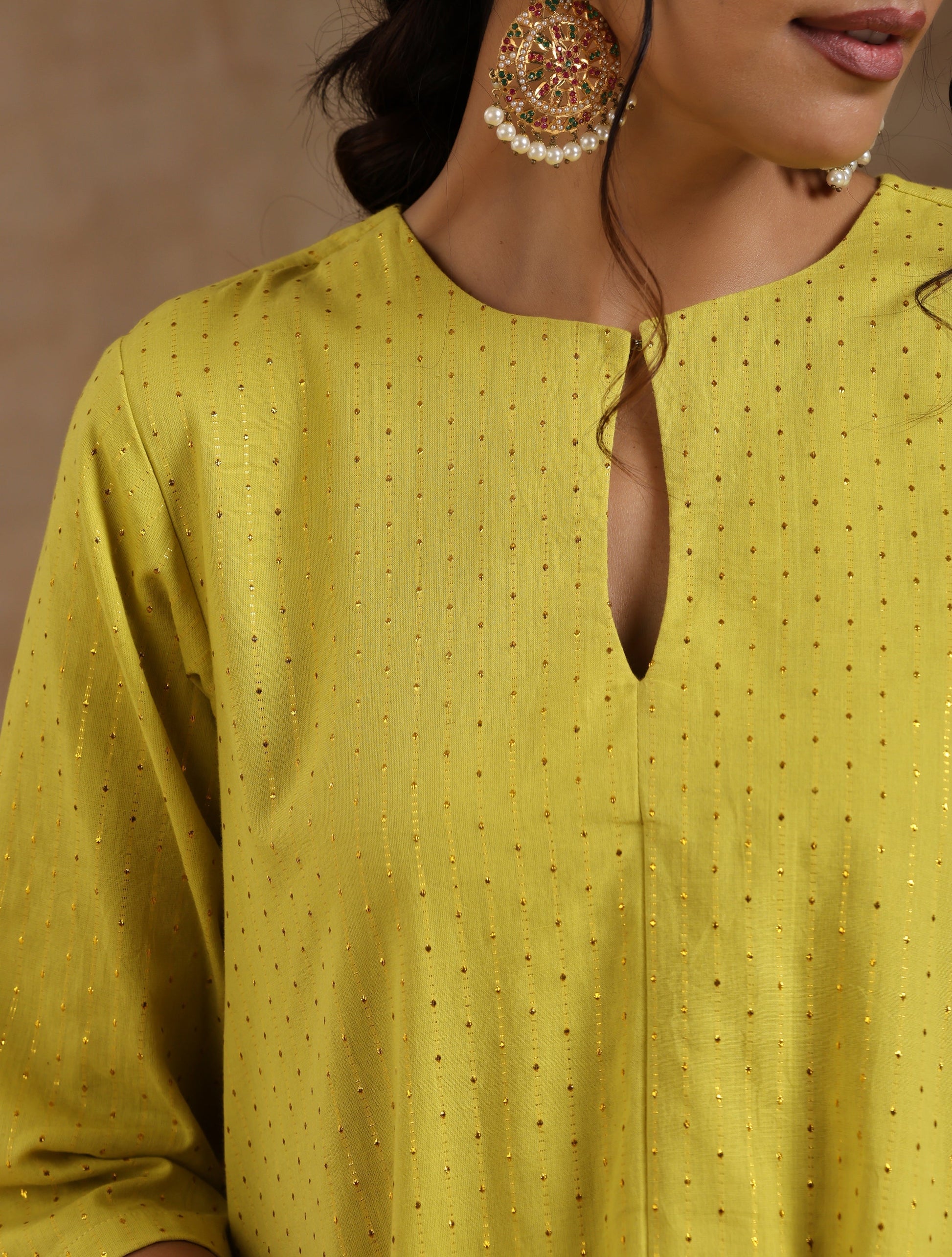 trueBrowns Lime Gold Cotton Handkerchief Kurta Set | Relove | Swadesiicart