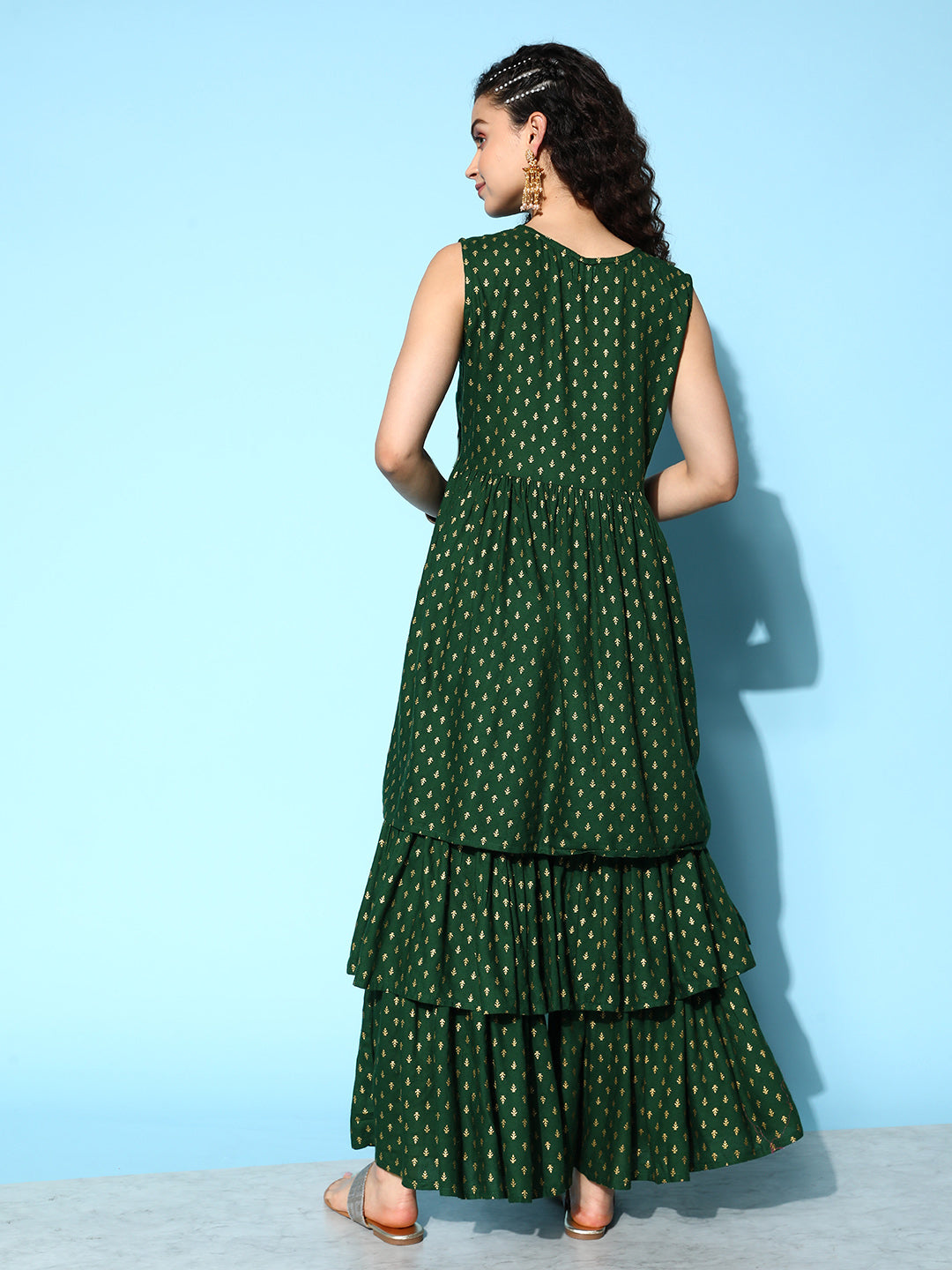 InWeave Women's Forest Green Gold Print Tiered Sharara Set - Swadesiicart