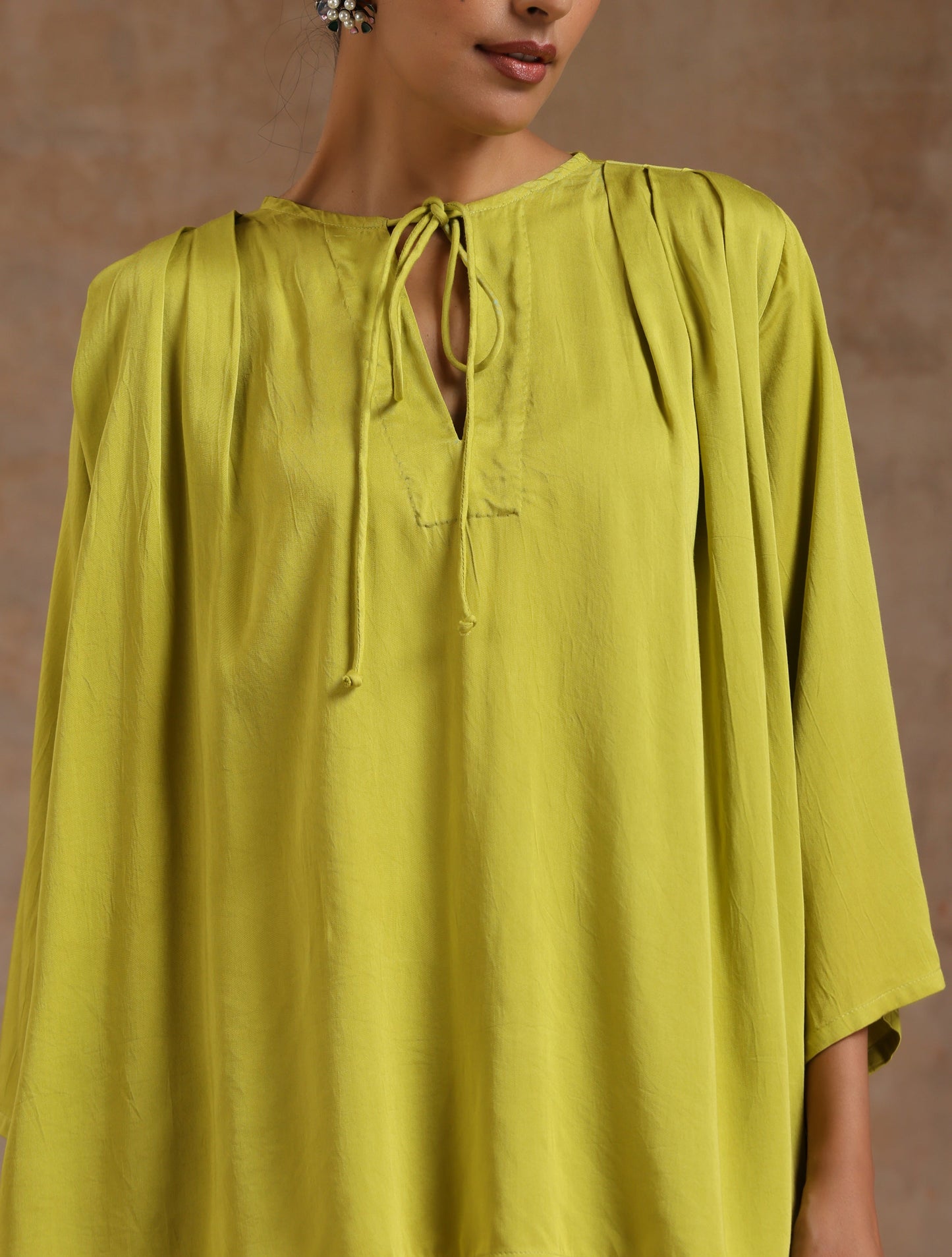 trueBrowns Lime Modal Satin Shoulder Pleat Co-Ord Set - Swadesiicart