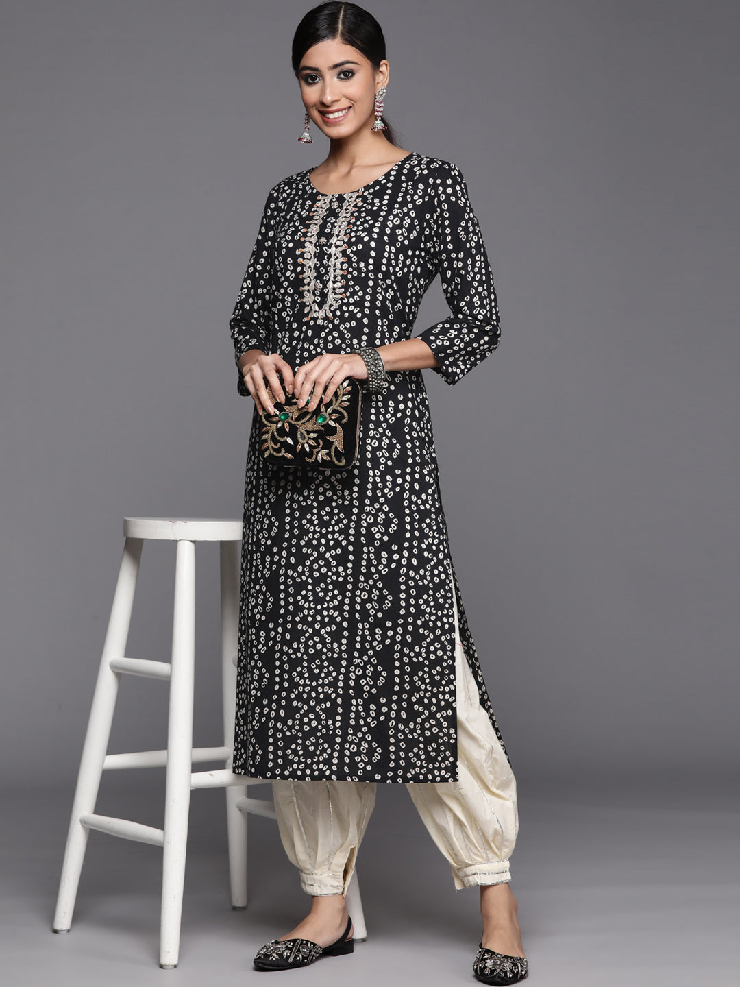 Varanga Black Printed Cotton Kurta Wity Embroidered Yoke | Swadesiicart