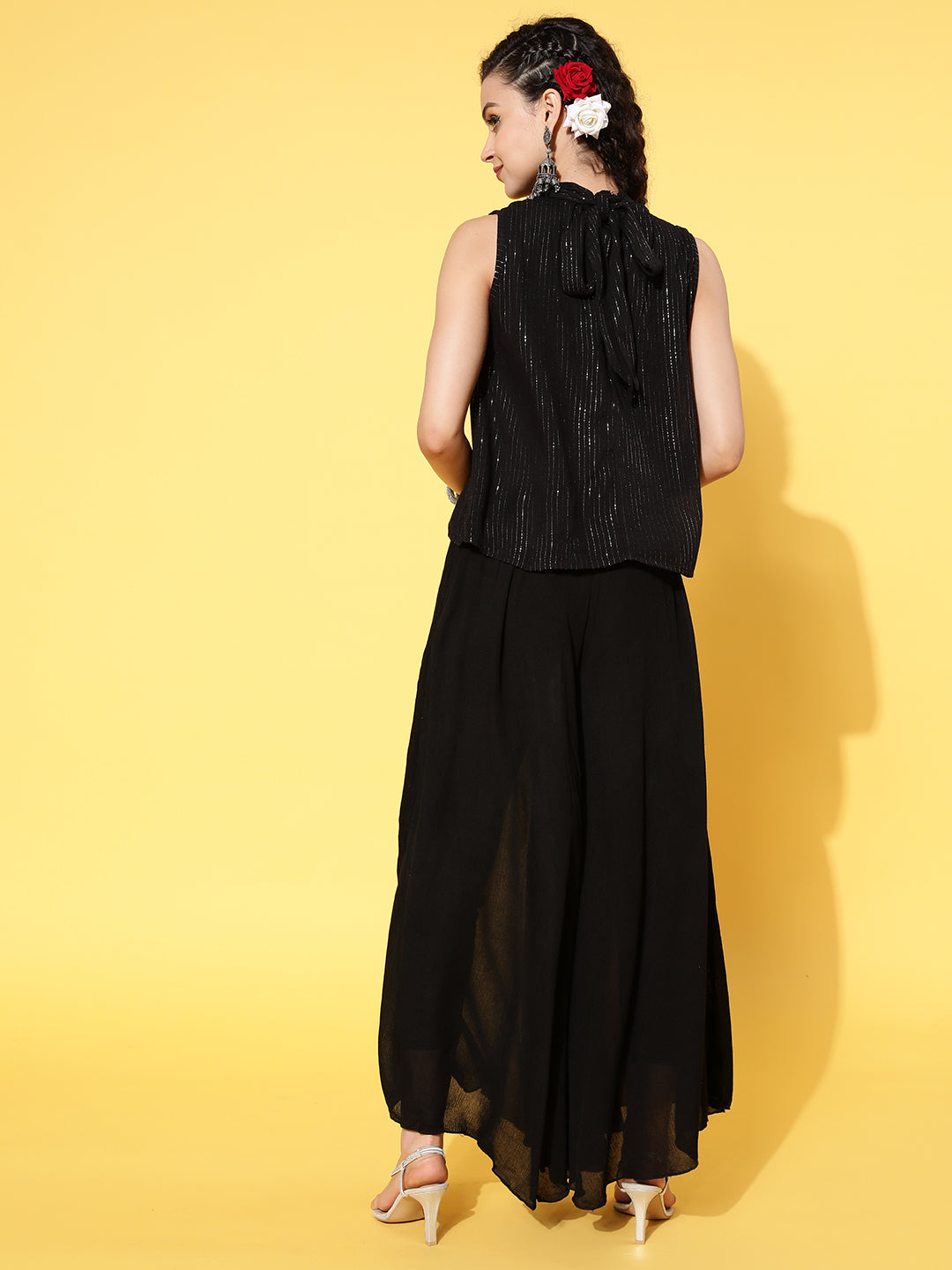 InWeave Women's Black Lurex Top With Flared Pallazo - Swadesiicart