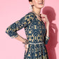 InWeave Women's Blue Ikkat Print Tiered Dress With Lace - Swadesiicart