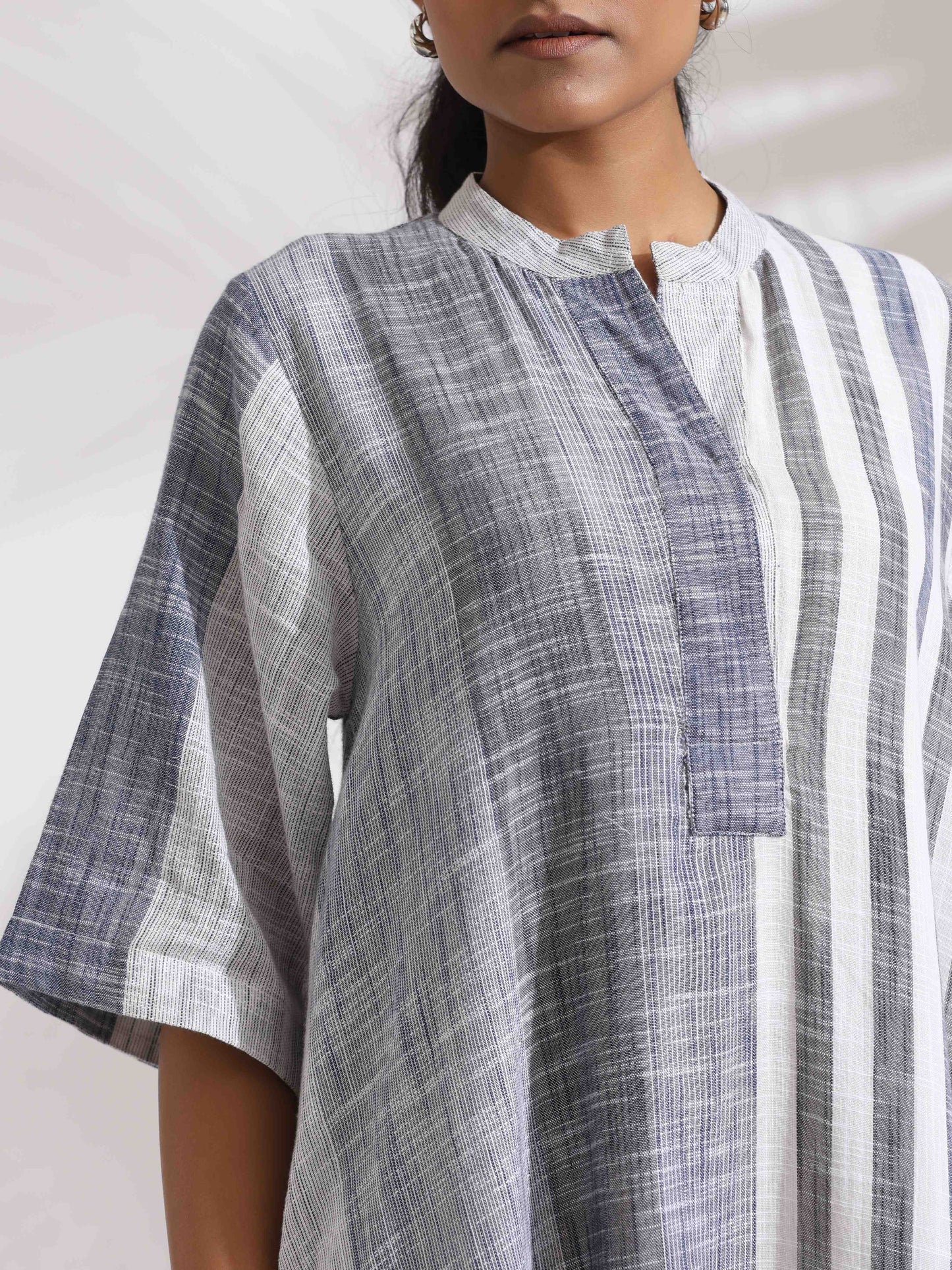 trueBrowns Off-White Cotton Multi Stripe Flared Dress | Swadesiicart